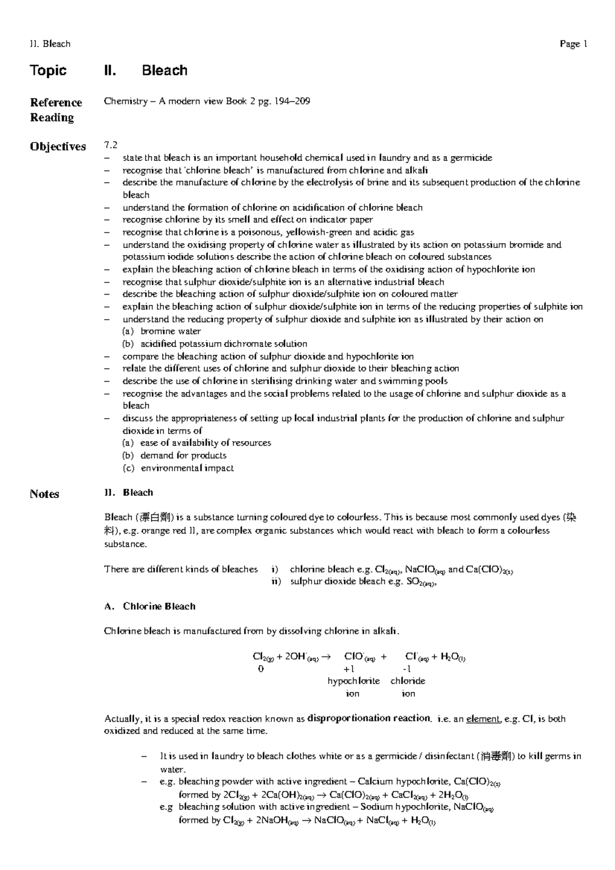 Industrial Bleach Topic II. Bleach Reference Reading Chemistry A