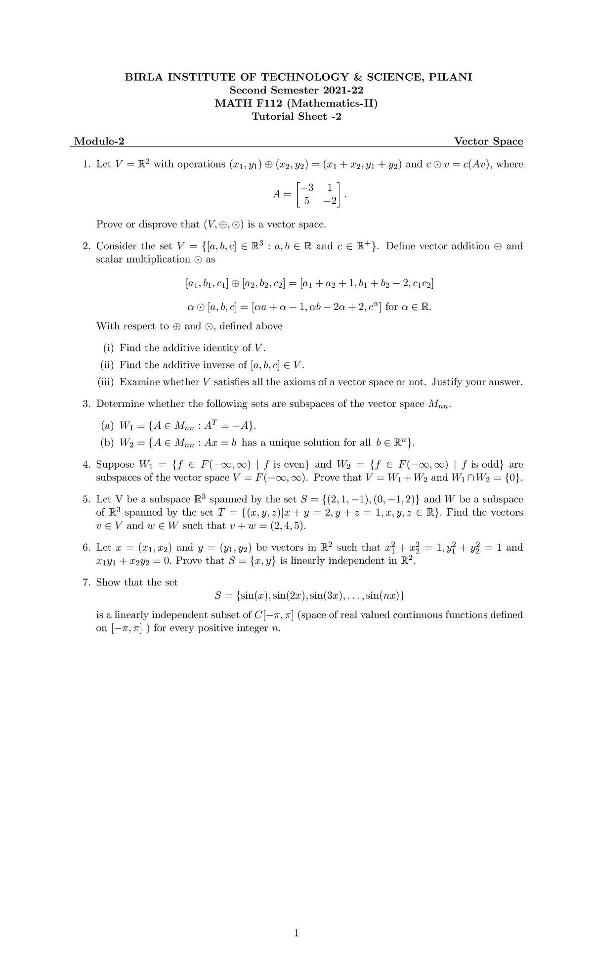 Tutorial Sheet 2 - BIRLA INSTITUTE OF TECHNOLOGY & SCIENCE, PILANI ...