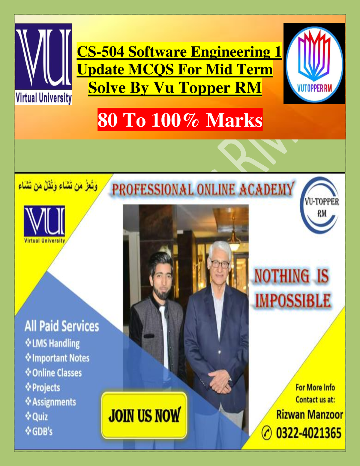 CS504 Mcqs Mid Term By Vu Topper RM - CS-504 Software Engineering 1 ...