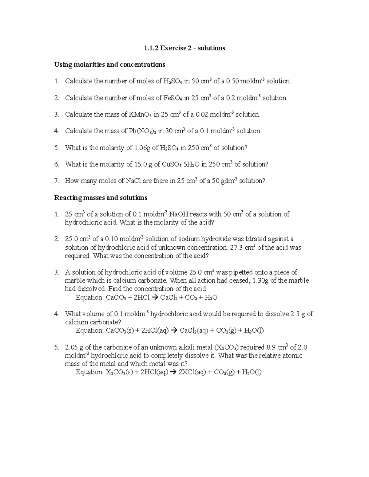 1 - good - 1.1 Exercise 2 - solutions Using molarities and ...