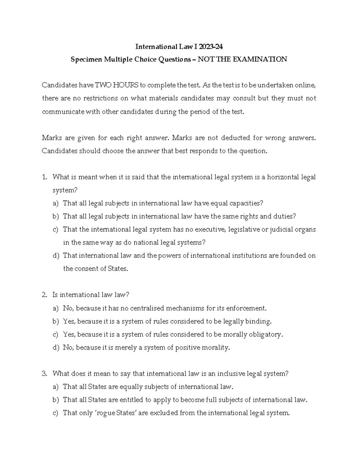IL I specimen MCQ 202324 International Law I 2023 Specimen Multiple
