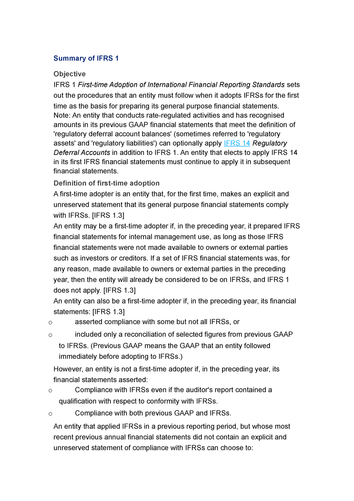 Summary Of IFRS - The Most Important Ifrs - Summary Of IFRS 1 Objective ...