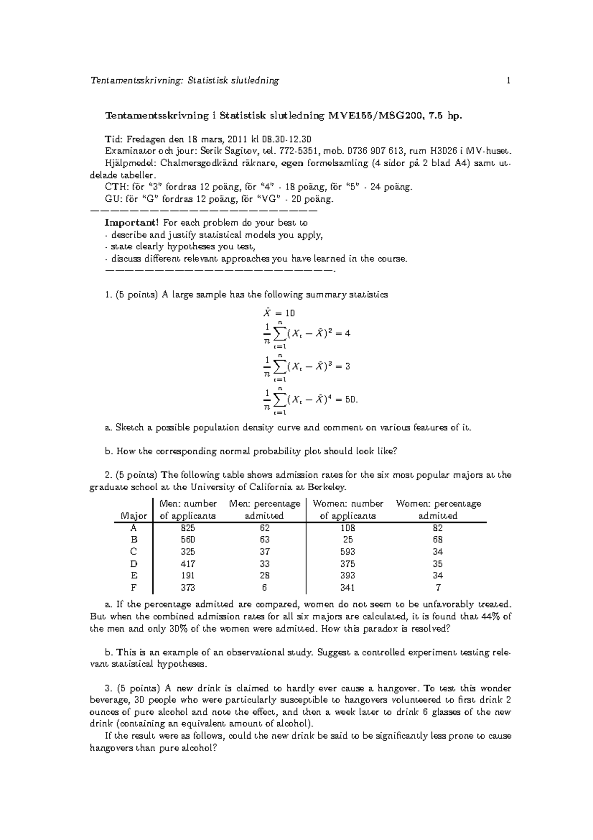 Exam 18 March 2011 - Statistical Inference - 1 Tentamentsskrivning ...