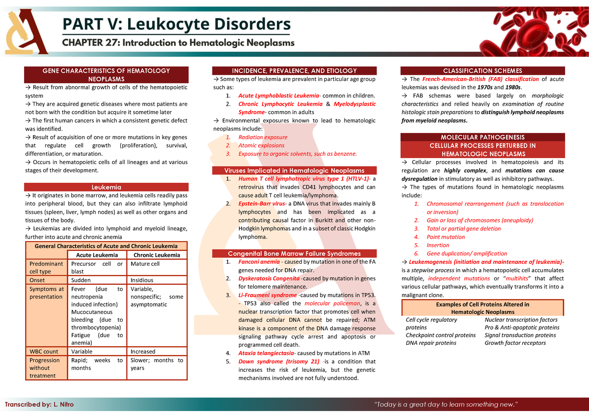 Chapter 27 Summary OF Rodak'S Hematology 6TH Edition - GENE ...