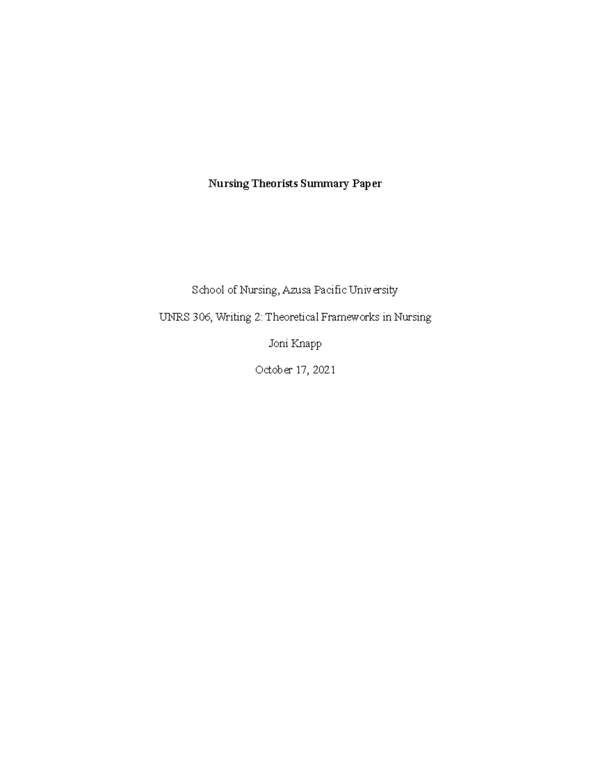 Nursing theorists paper Nursing Theorists Summary Paper Claudia