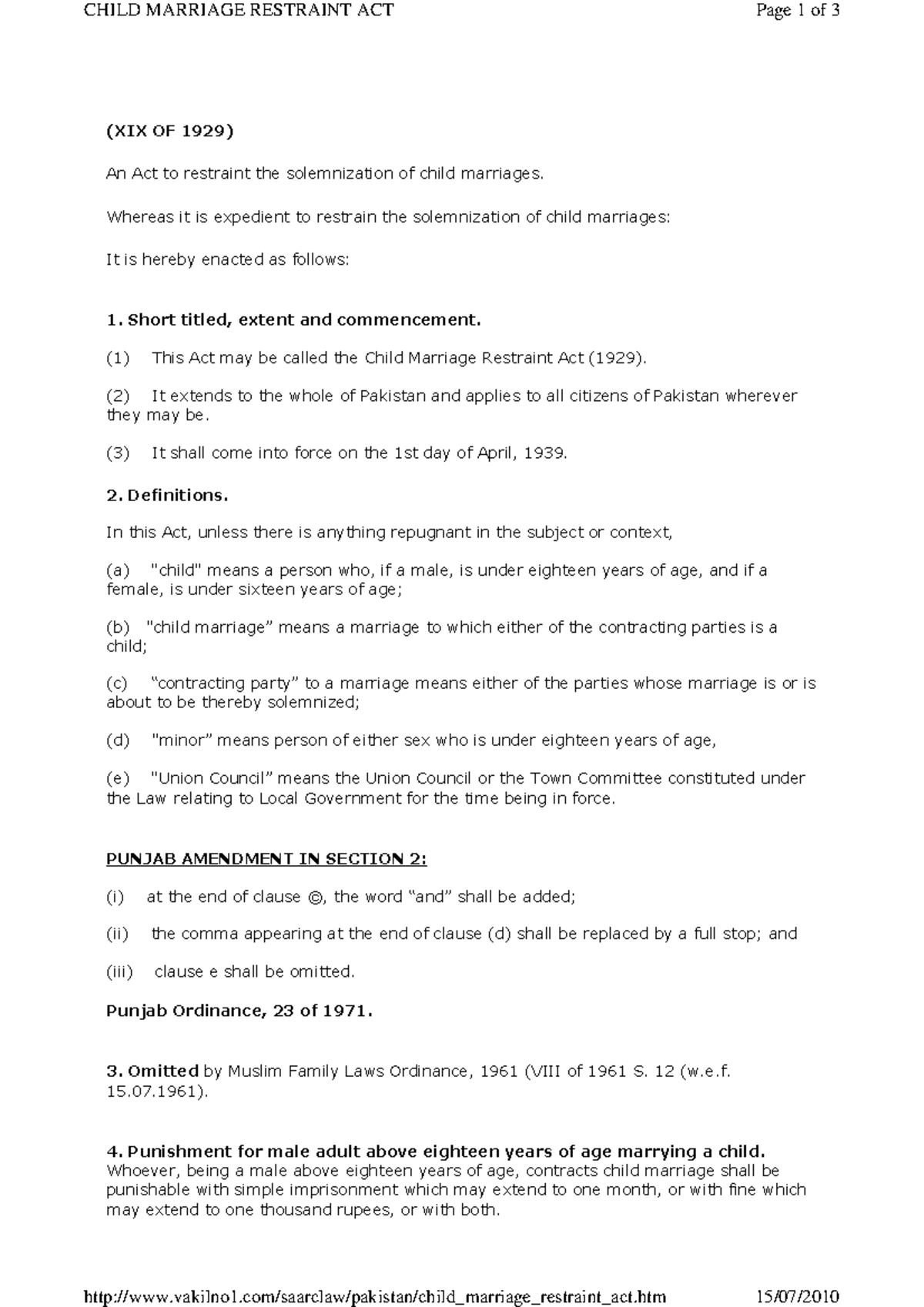 Child protection act (XIX OF 1929) An Act to restraint the