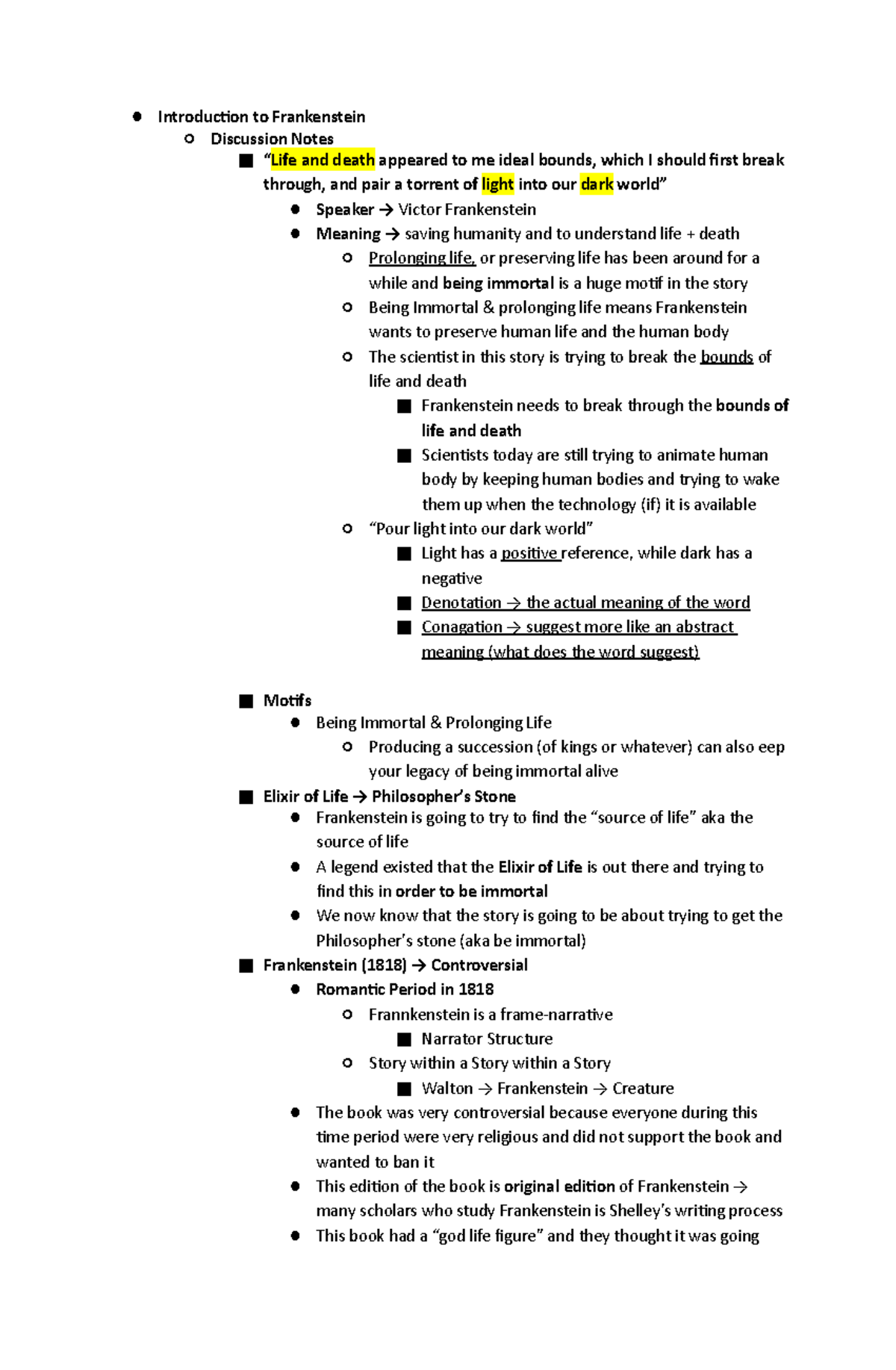 Frankenstein Notes Introduction to Frankenstein Discussion Notes