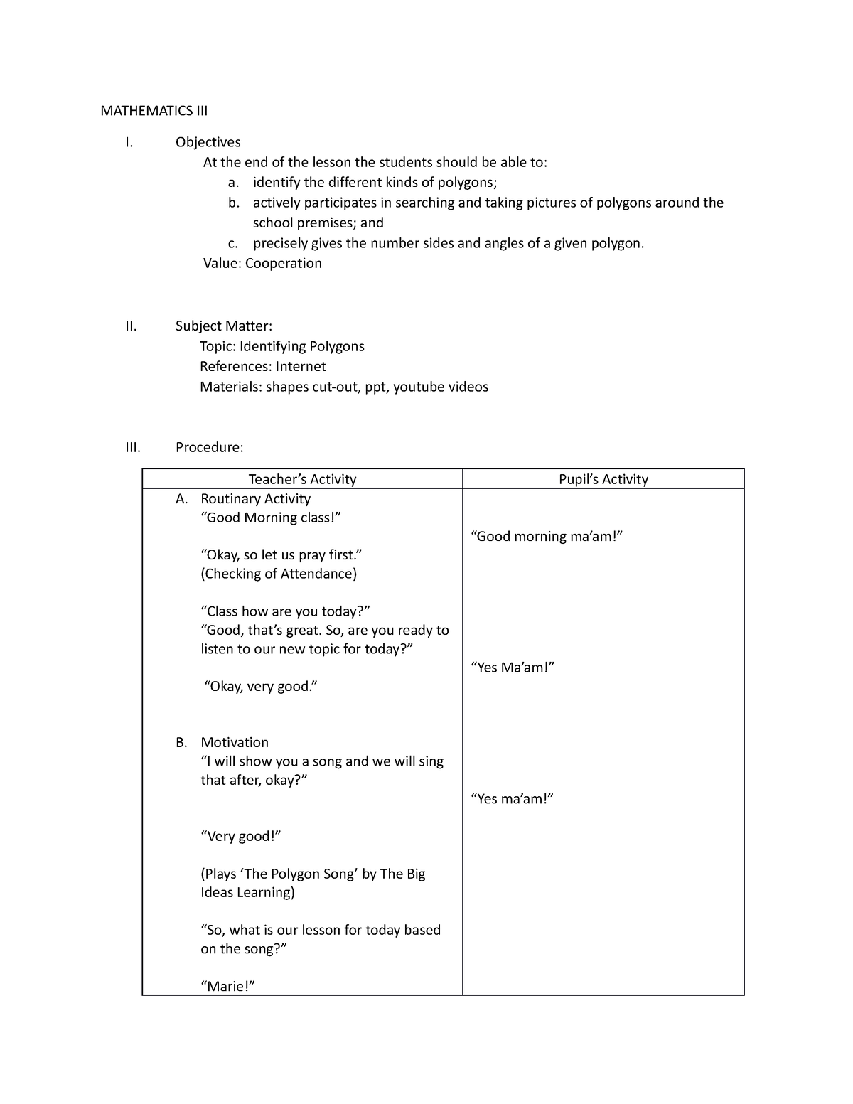 Lesson PLAN - Identifying Polygons - MATHEMATICS III I. Objectives At ...