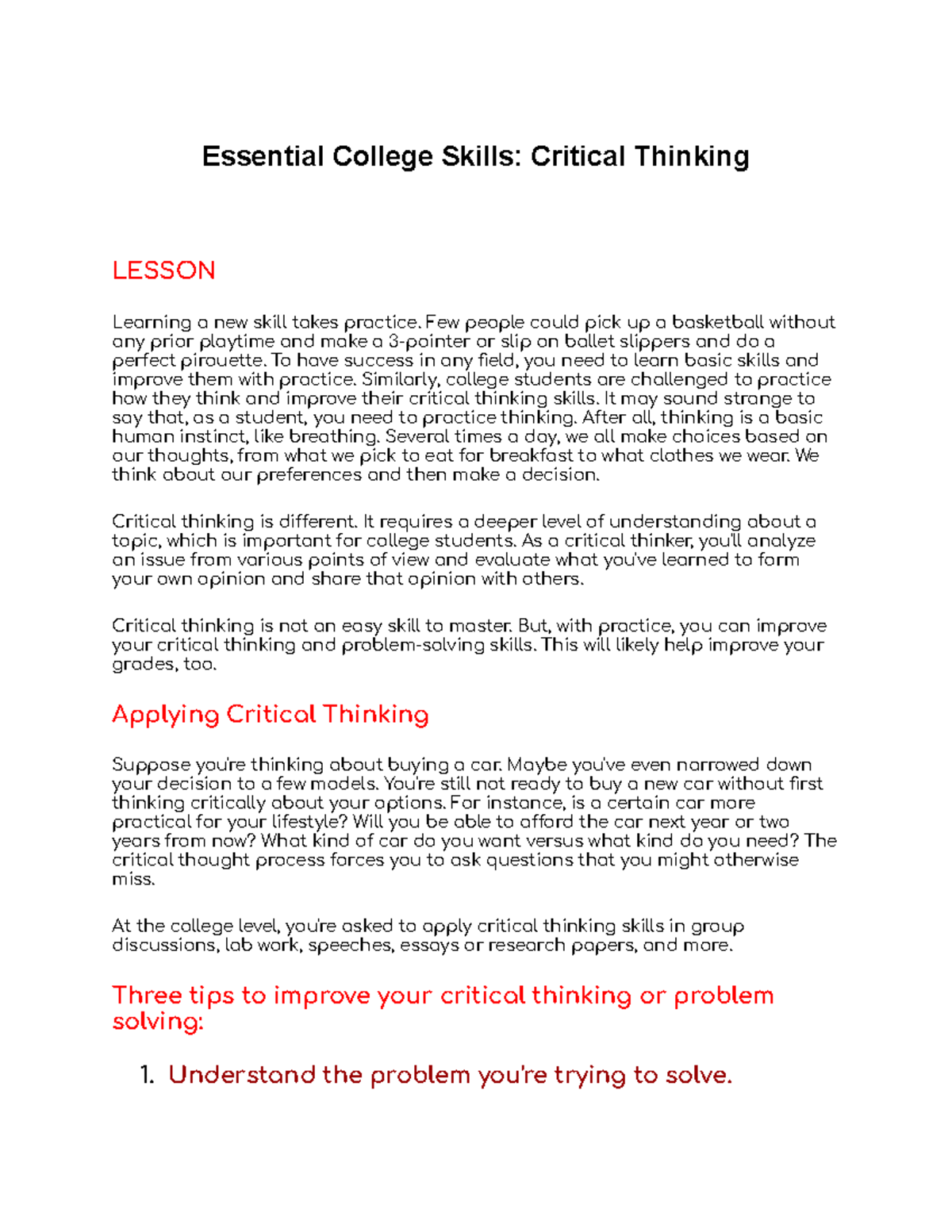 critical thinking skills college essay