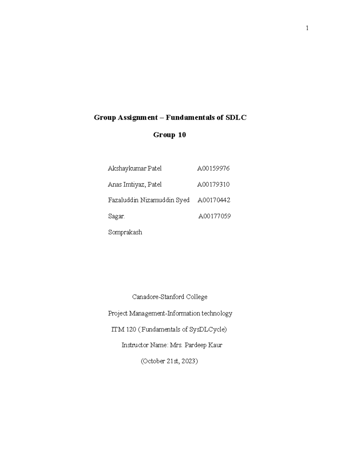 Group 10 Sys DLC Assignment Group Assignment Fundamentals of SDLC