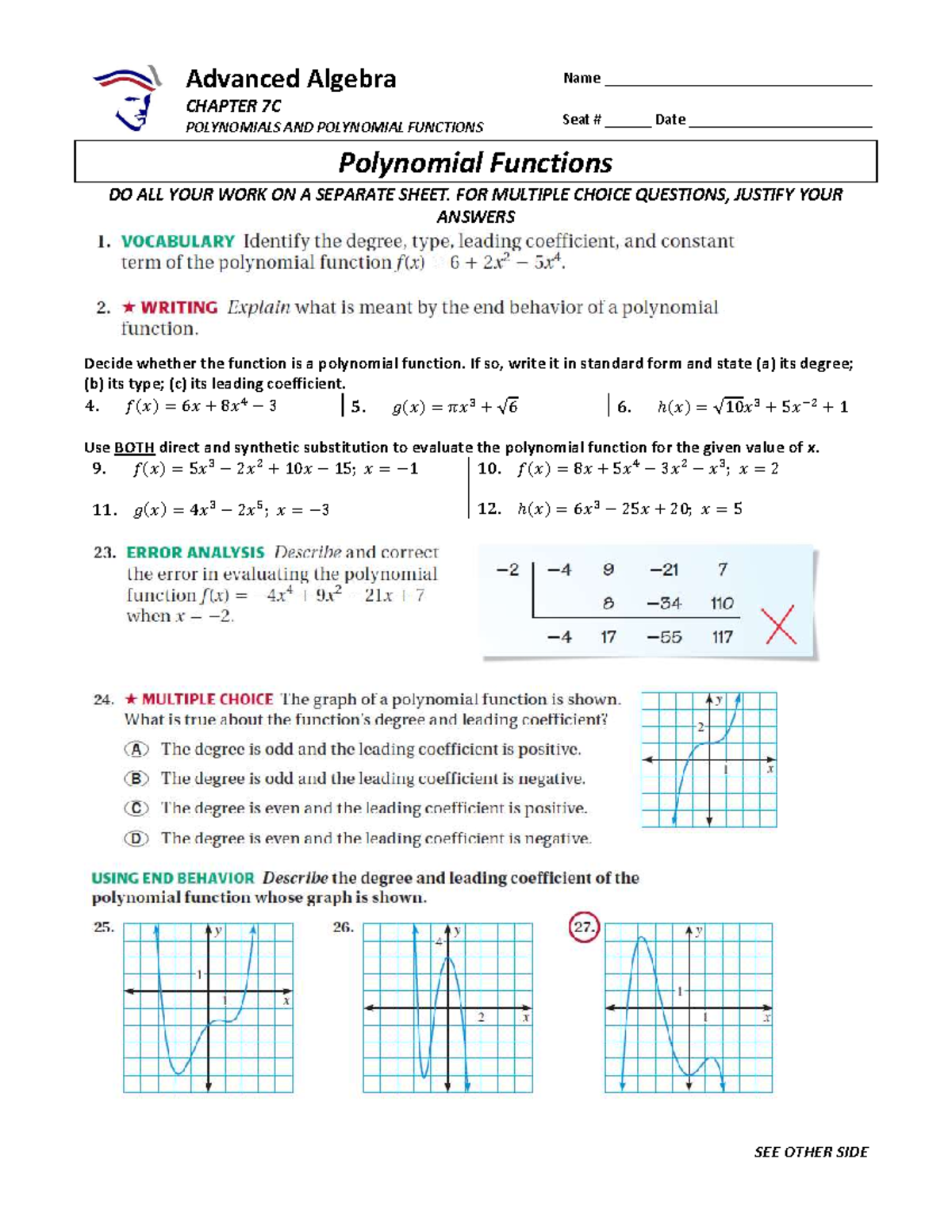 Polynomial Functions Homework - Advanced Algebra CHAPTER 7C POLYNOMIALS ...