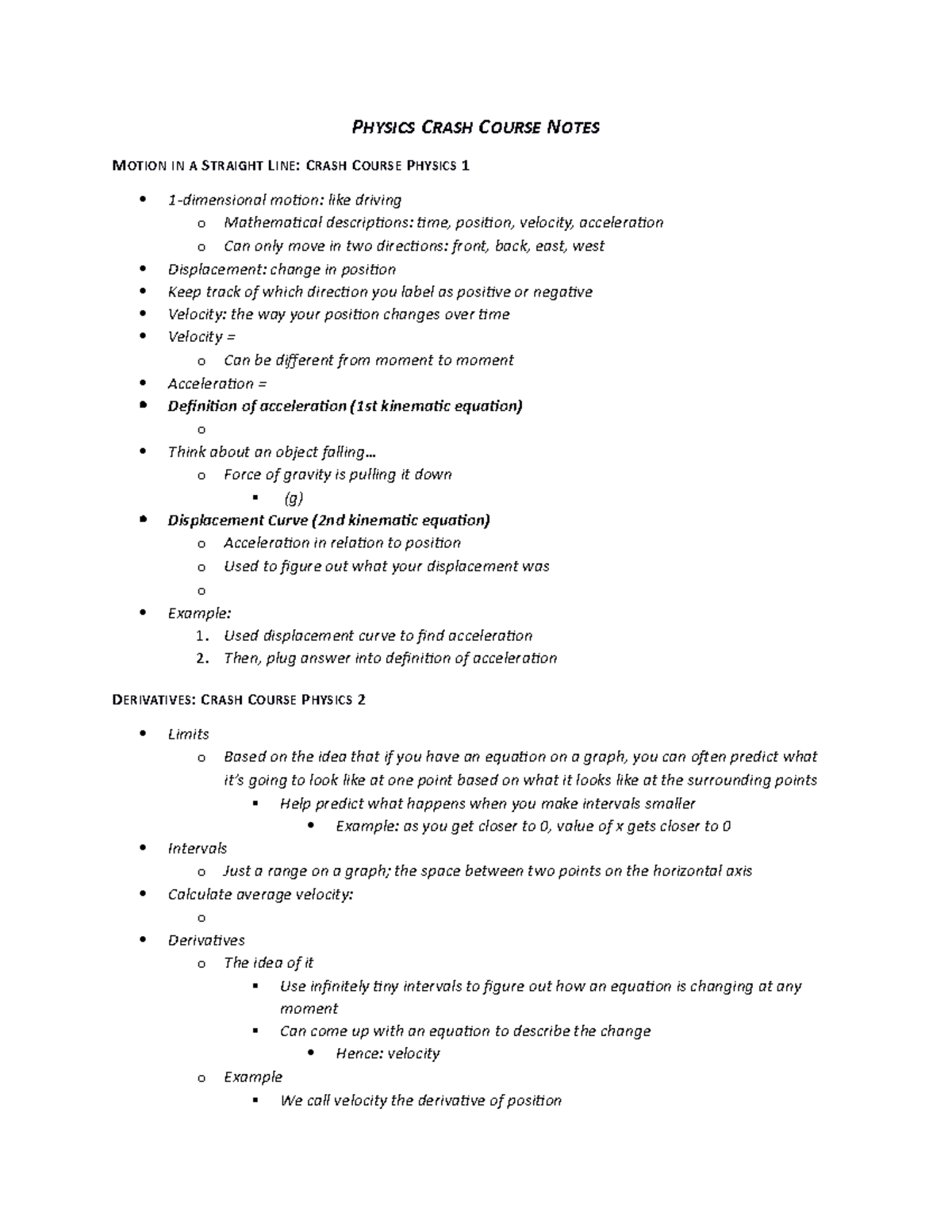 Physics Crash Course Notes Motion Derivatives and Integrals Studocu