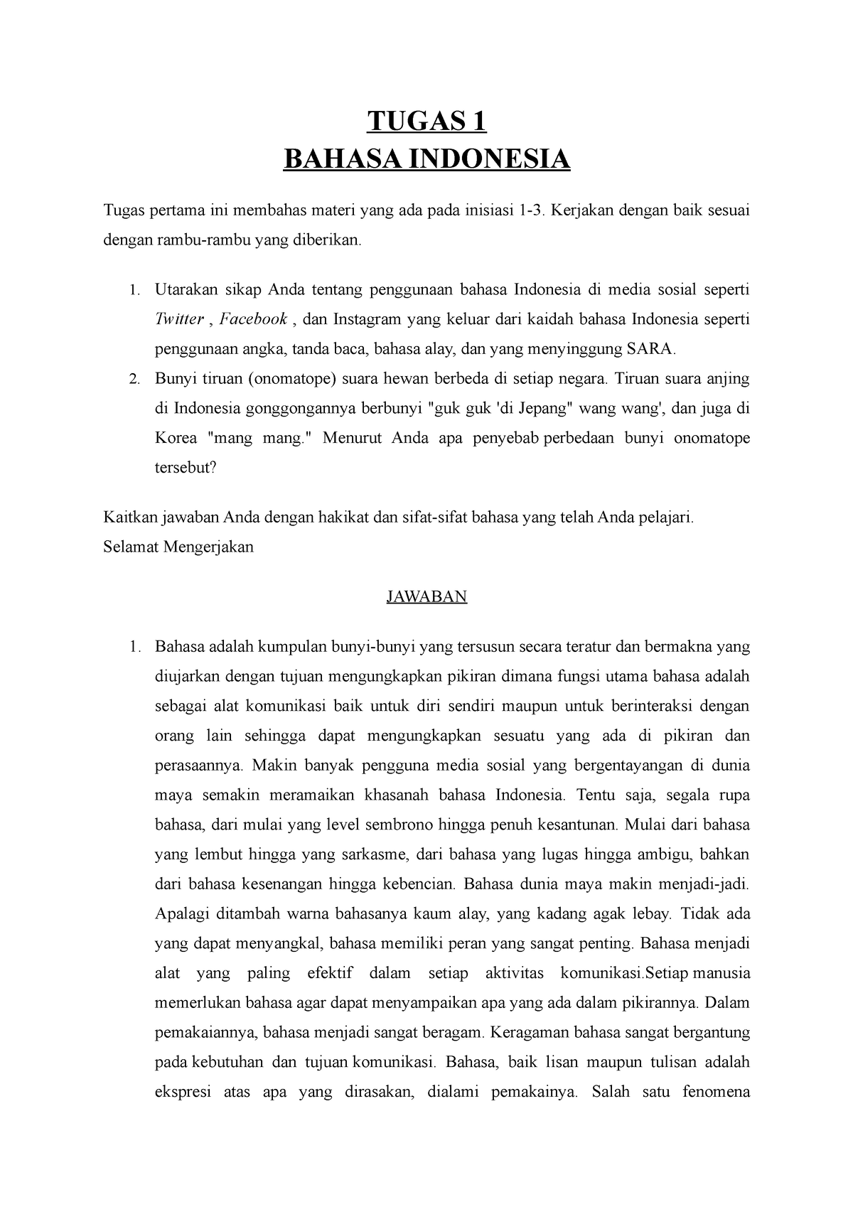 Tugas 1 Bahasa Indonesia - TUGAS 1 BAHASA INDONESIA Tugas Pertama Ini ...