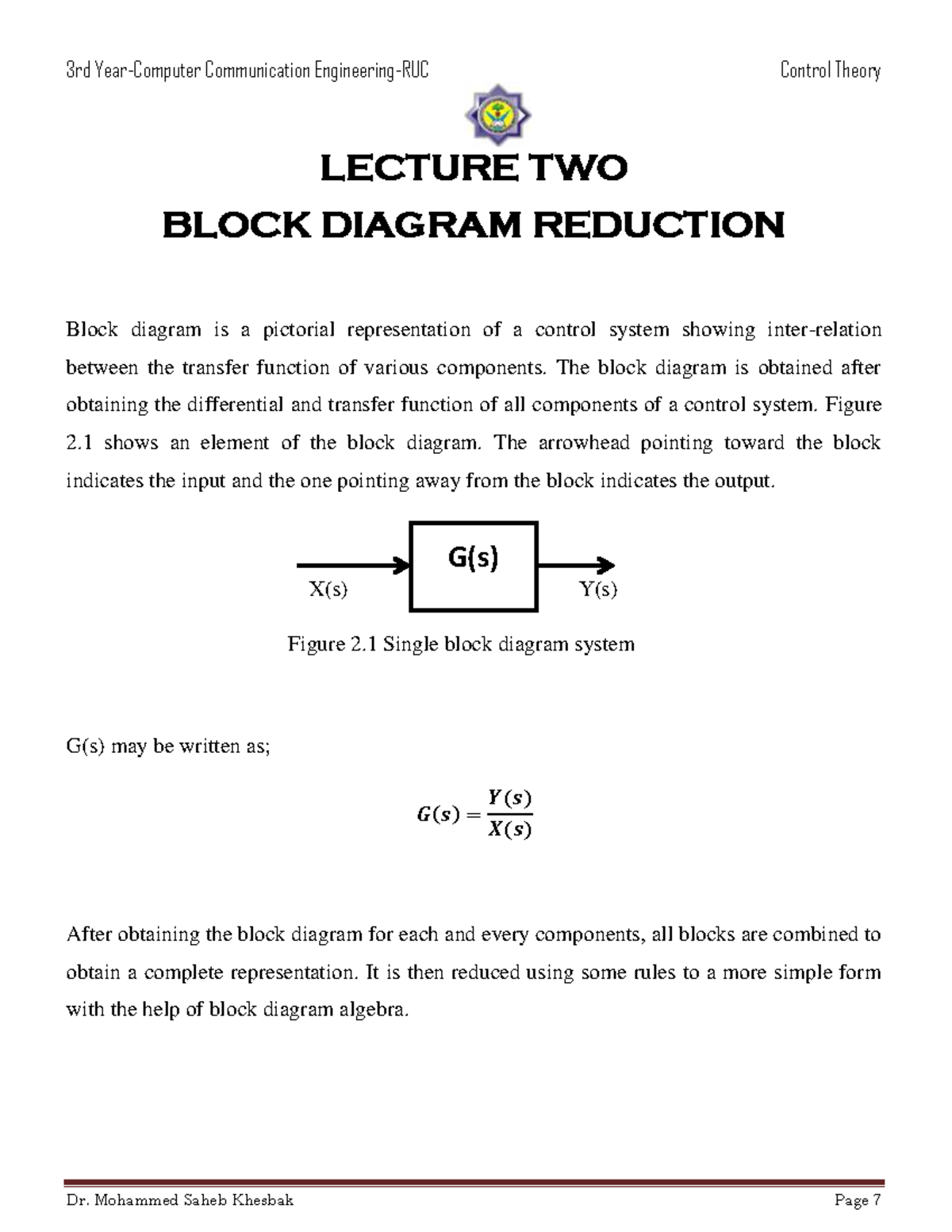 Cont theory l2 - Notes - LECTURE TWO BLOCK DIAGRAM REDUCTION Block ...