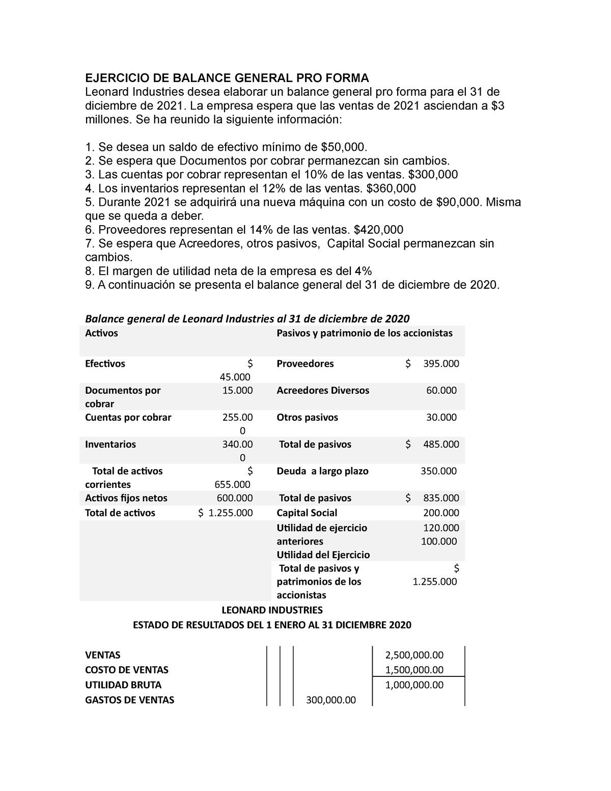 Ejercicio 1 Estados Financieros Proforma Ejercicio De Balance General