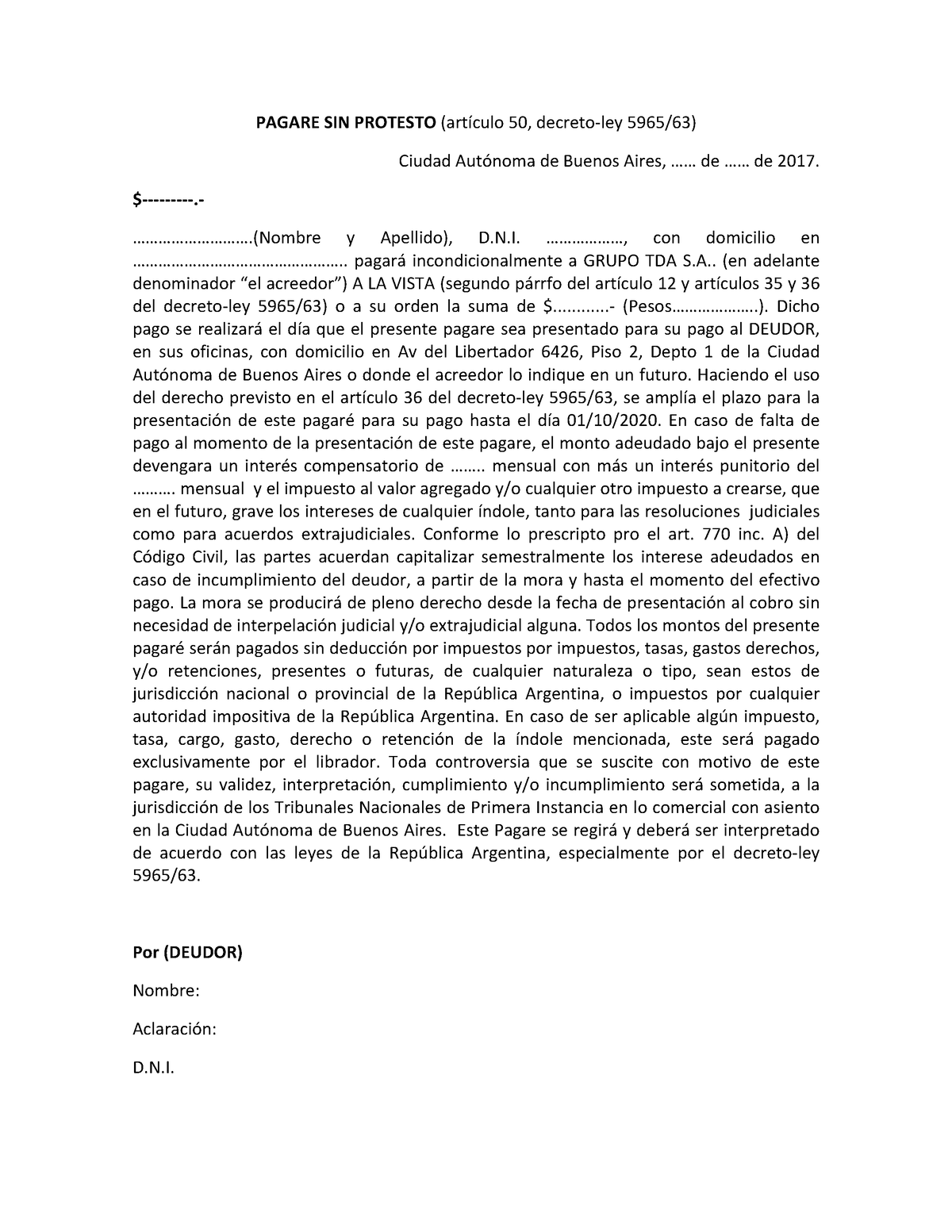 Pagare Sin Protesto Pagare Sin Protesto Artículo 50 Decreto ­‐ley 596563 Ciudad Autónoma 8600