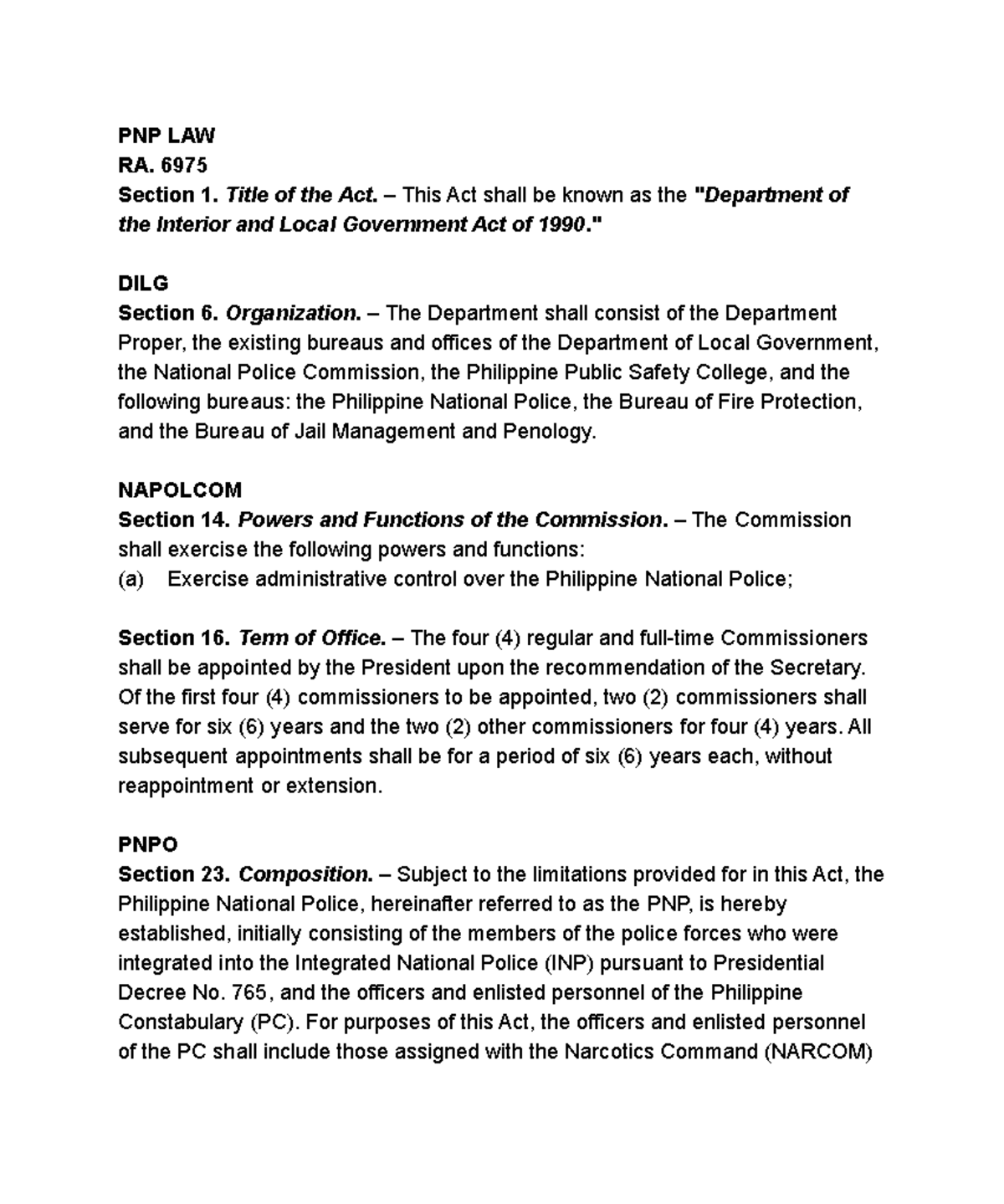 PNP LAW - PNP LAW REVIEWER - PNP LAW RA. 6975 Section 1. Title of the ...