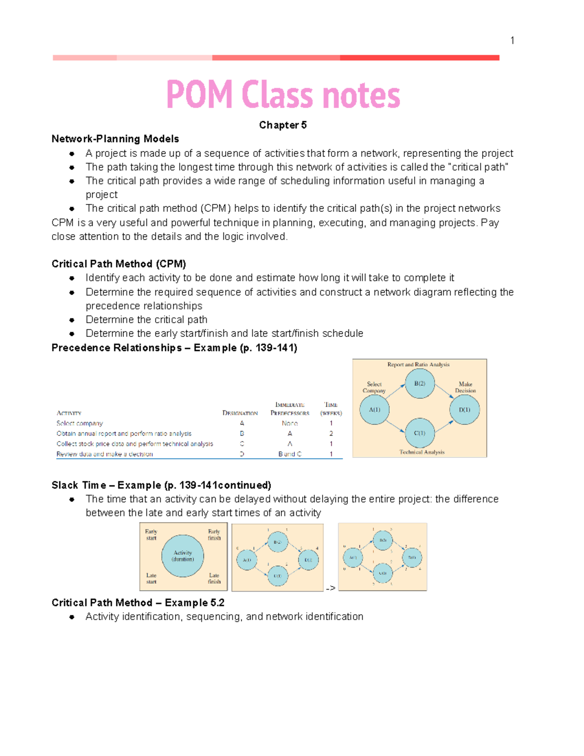 POM Class notes chapter 58 POM Class notes Chapter 5 NetworkPlanning Models A project is