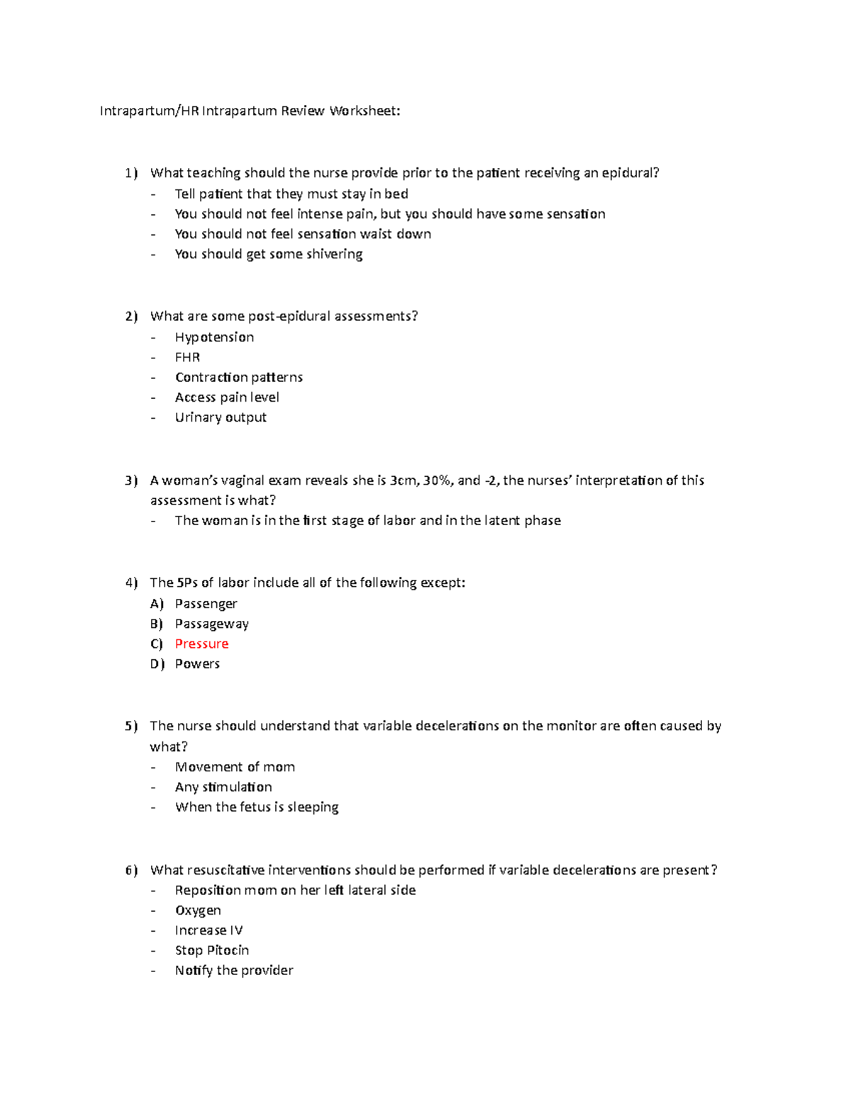 Intrapartum and HR Intrapartum Worksheet - Intrapartum/HR Intrapartum ...