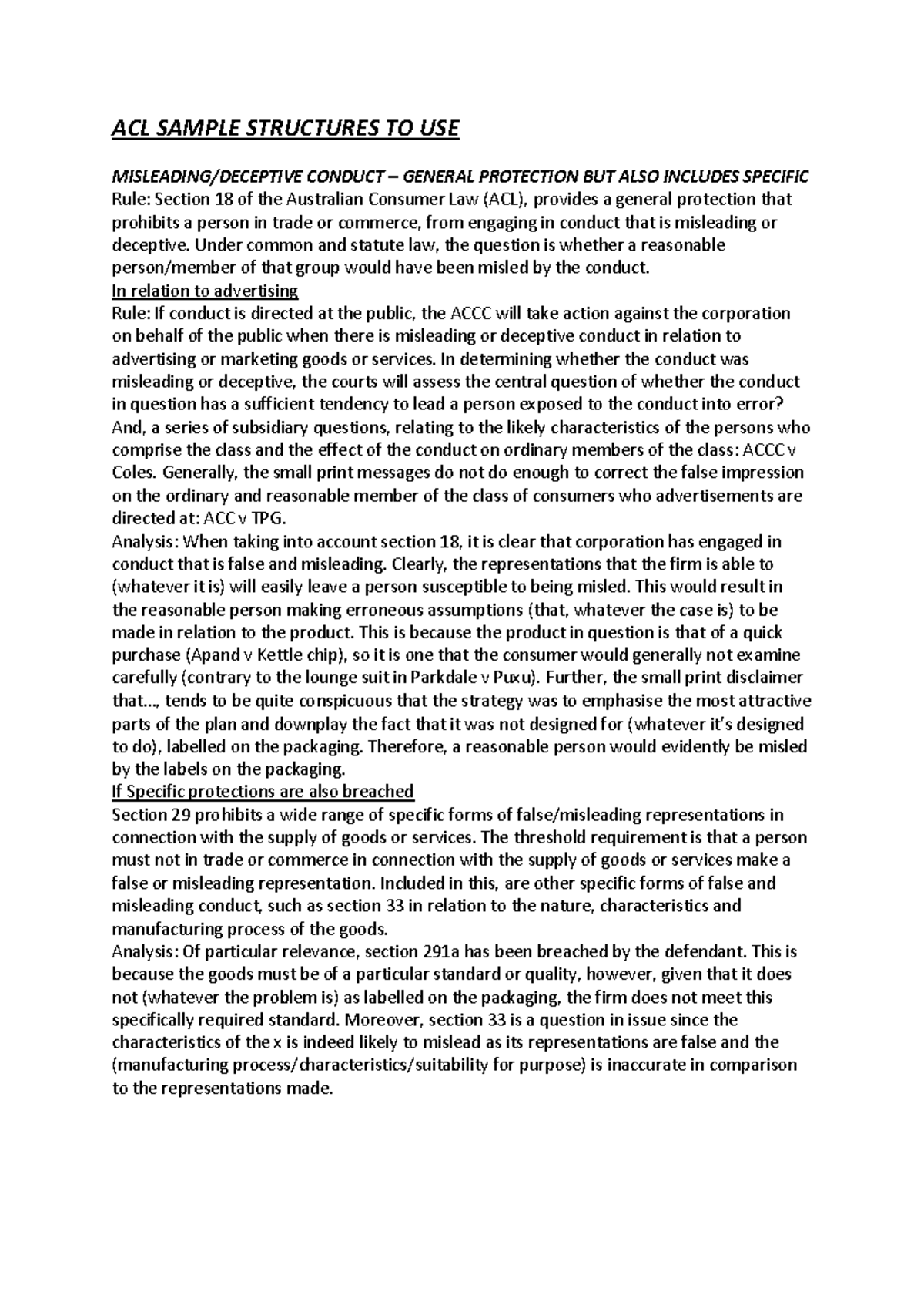 Exam sample structure dsadas ACL SAMPLE STRUCTURES TO USE MISLEADING/DECEPTIVE CONDUCT Exam sample structure dsadas ACL SAMPLE STRUCTURES TO USE MISLEADING/DECEPTIVE CONDUCT