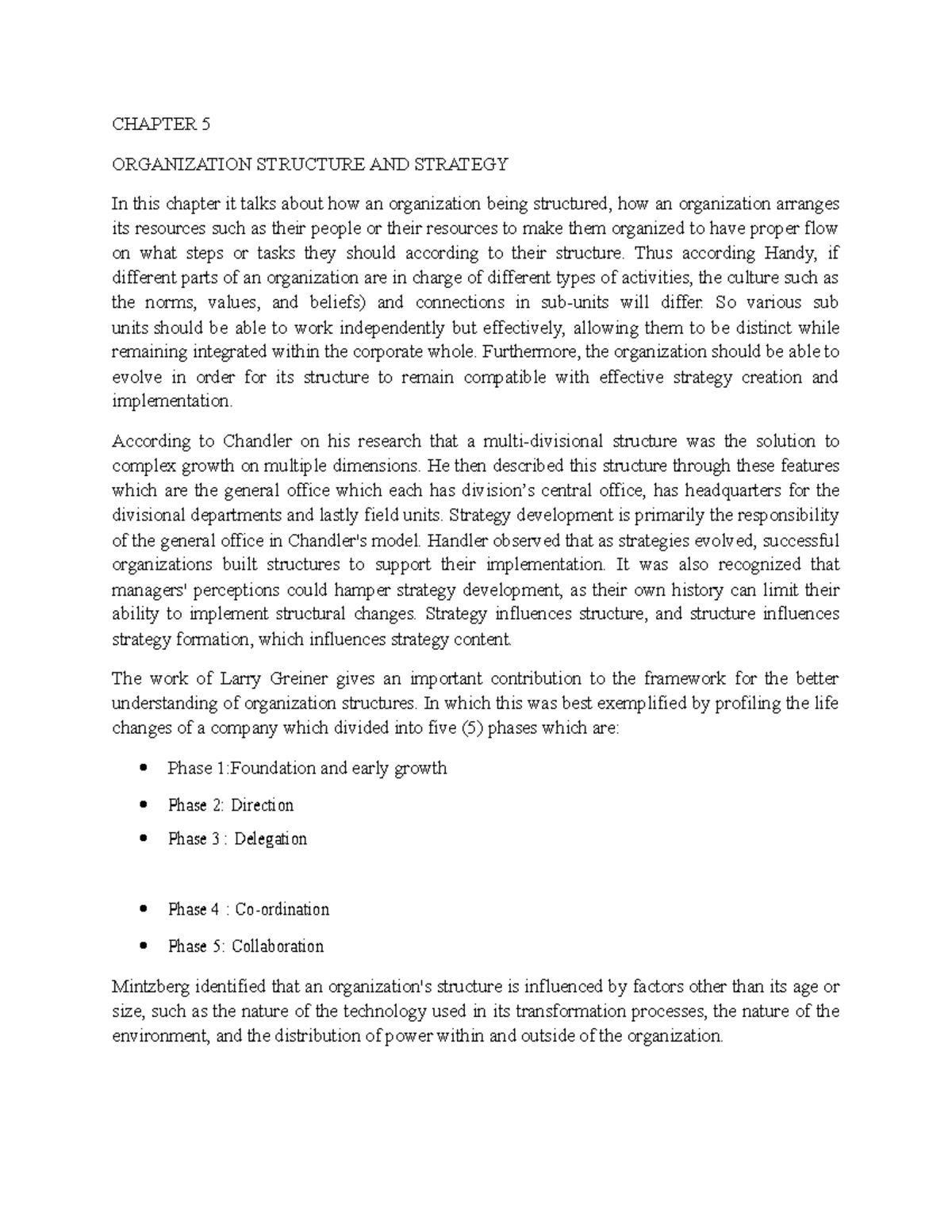 Write UP - Strategy and organization - CHAPTER 5 ORGANIZATION STRUCTURE ...