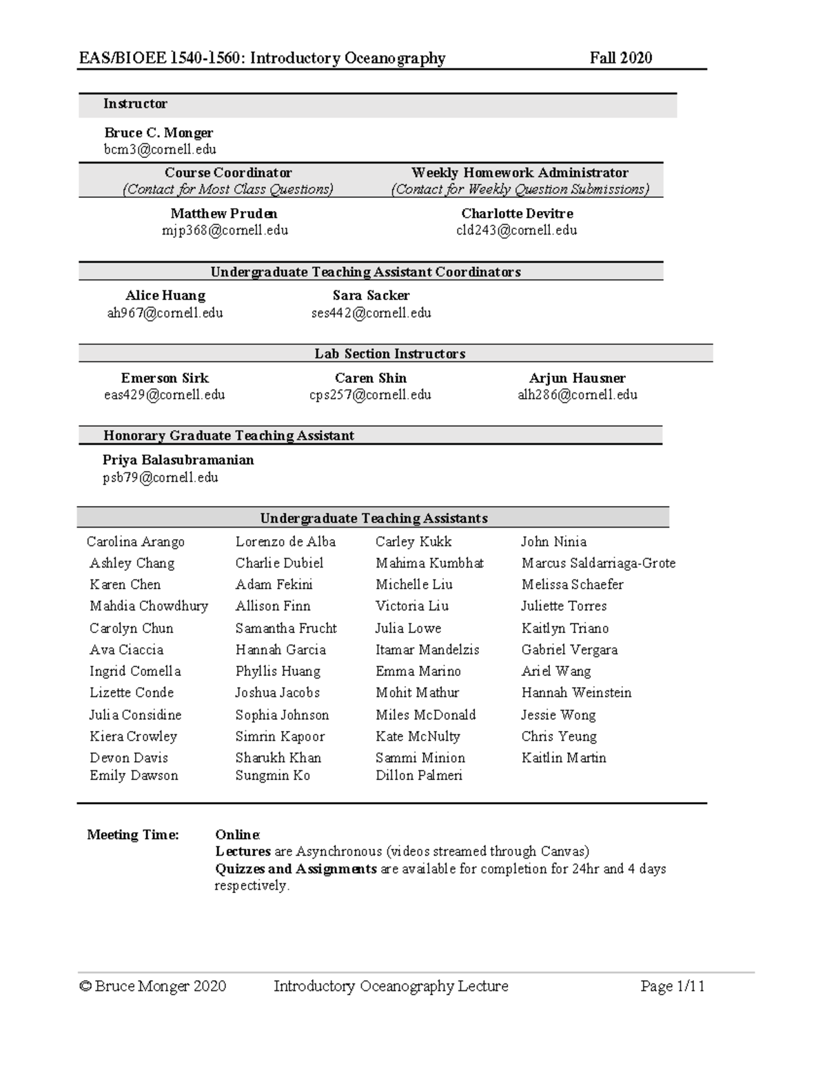 Intro to Ocean Lec Syllabus Fall 2020 - EAS 1540 - Cornell - Studocu