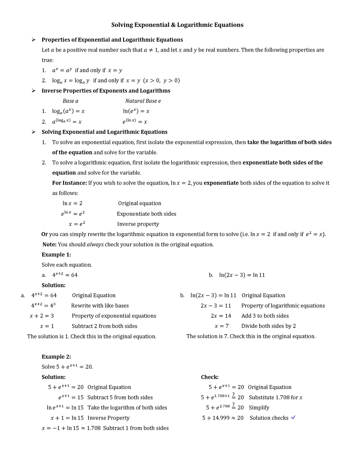 Solving Exponential and Logarithmic Equations worksheet - Solving For Logarithm Worksheet With Answers