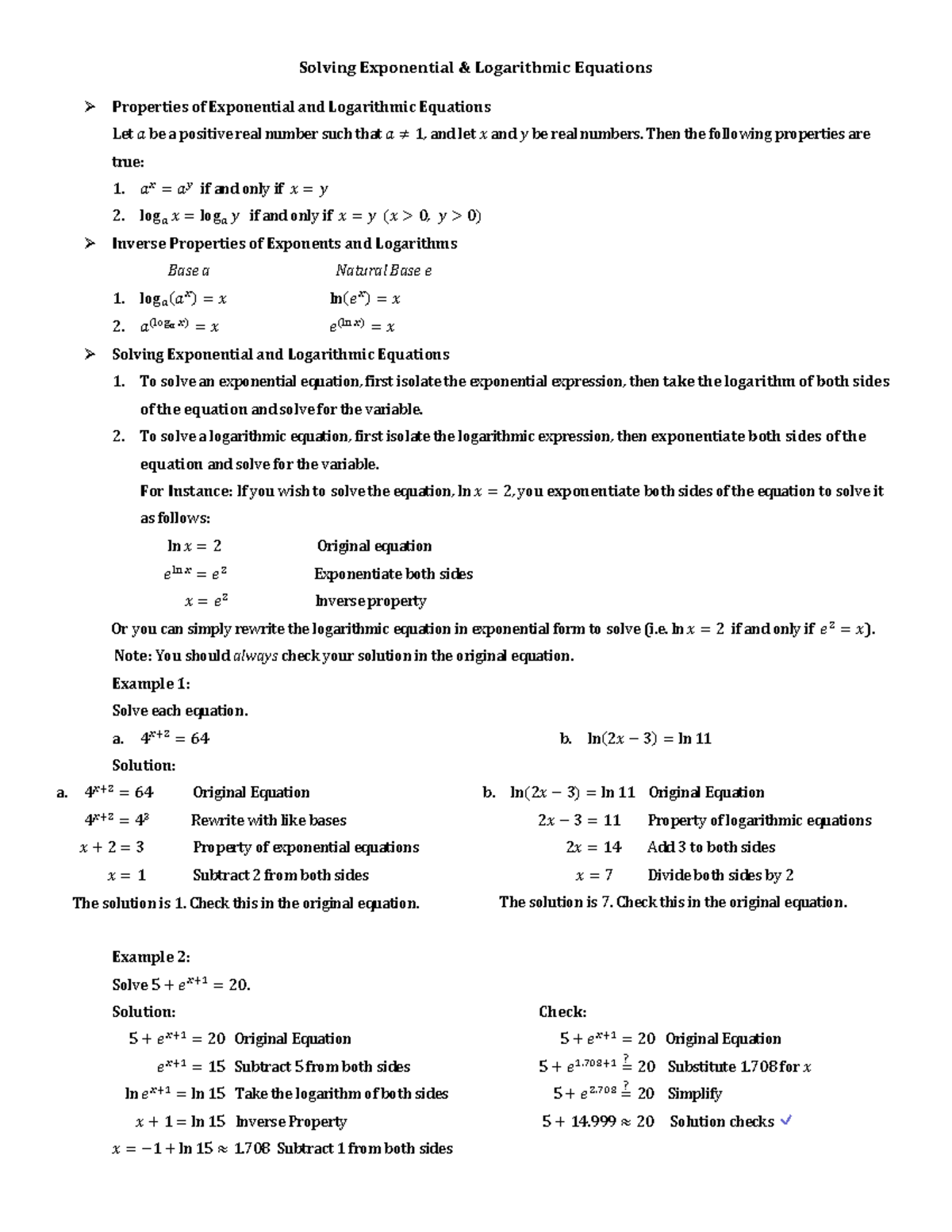 Solving Exponential and Logarithmic Equations worksheet - StuDocu For Solving Logarithmic Equations Worksheet