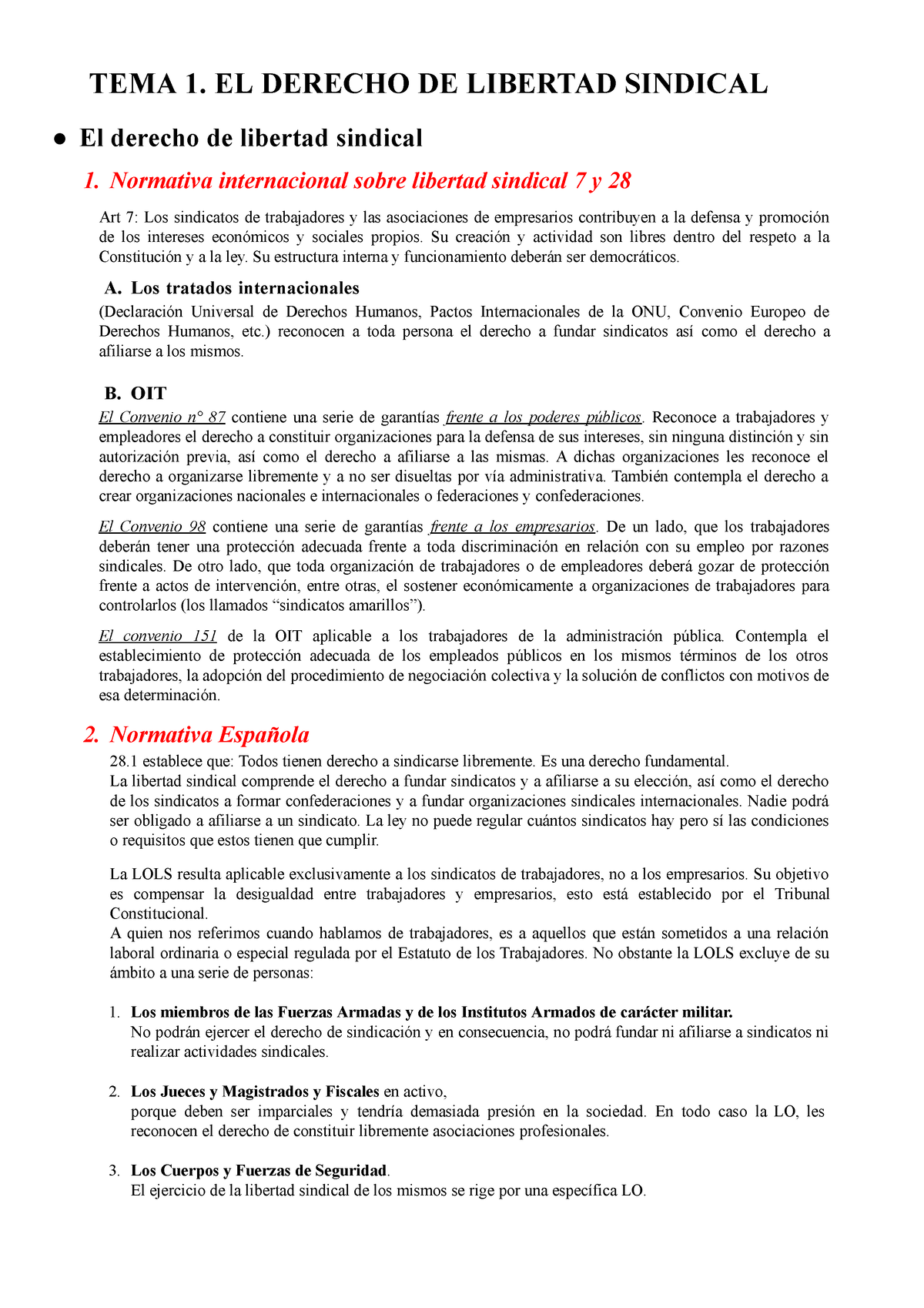 TEMA 1 - Apuntes Tema 1 - TEMA 1. EL DERECHO DE LIBERTAD SINDICAL El ...