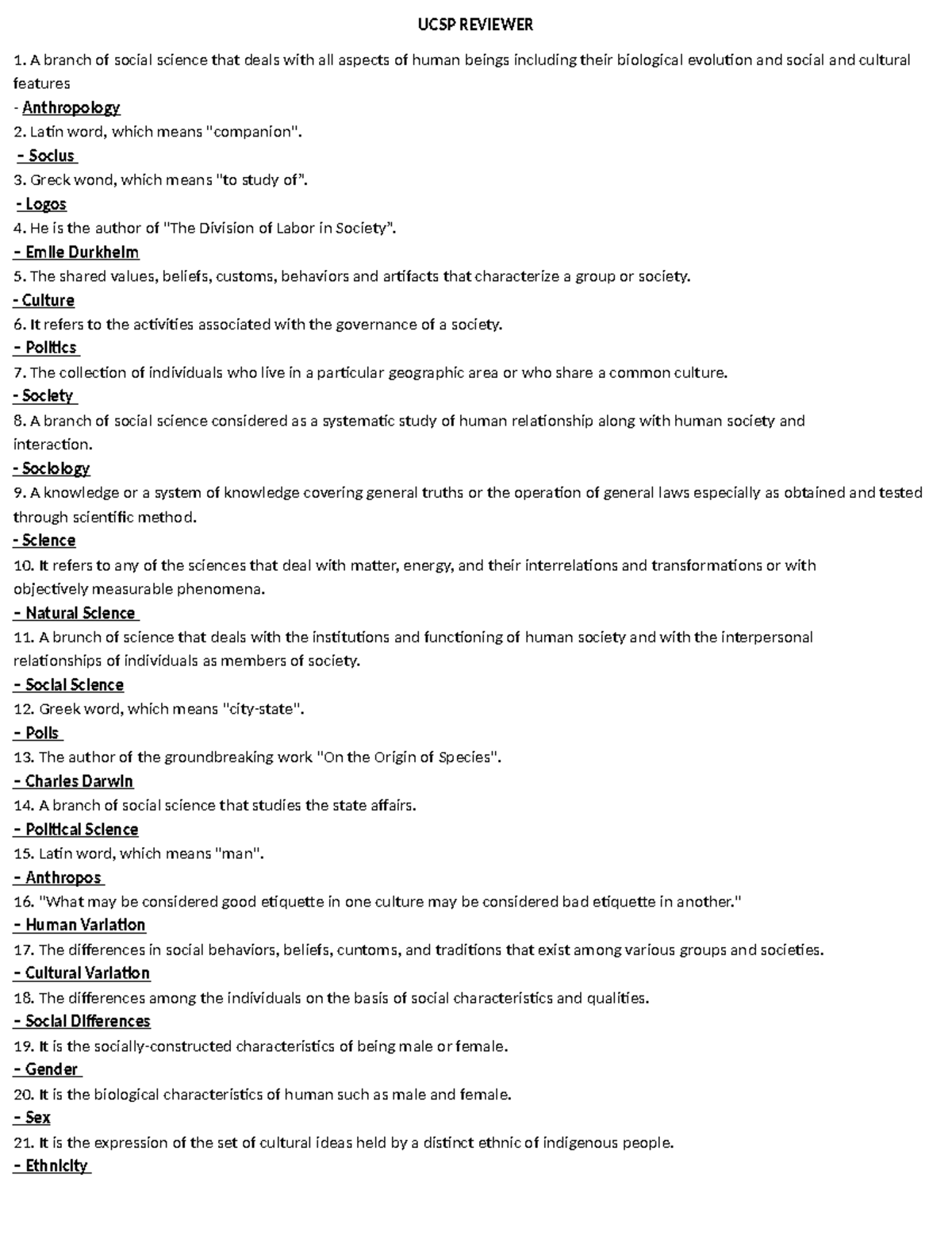 UCSP Reviewer - UCSP REVIEWER A branch of social science that deals ...