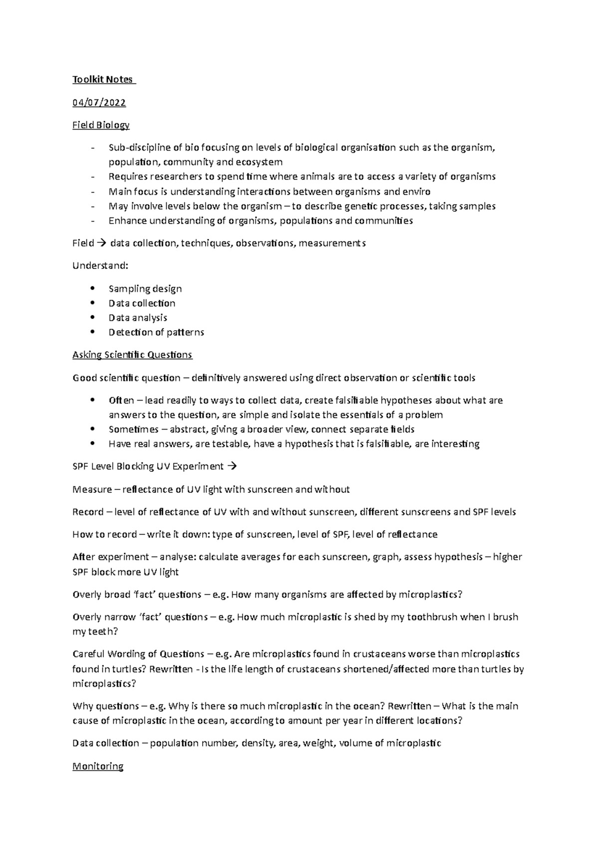 Toolkit Notes Toolkit Notes 04/07/ Field Biology Subdiscipline of
