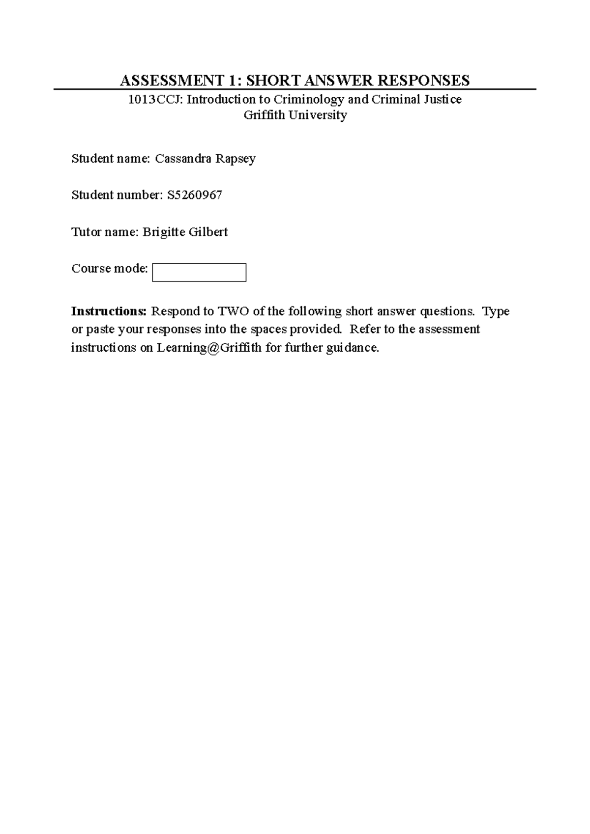 CCJ113 Assessment 1 Short Answer Responses - ASSESSMENT 1: SHORT ANSWER ...