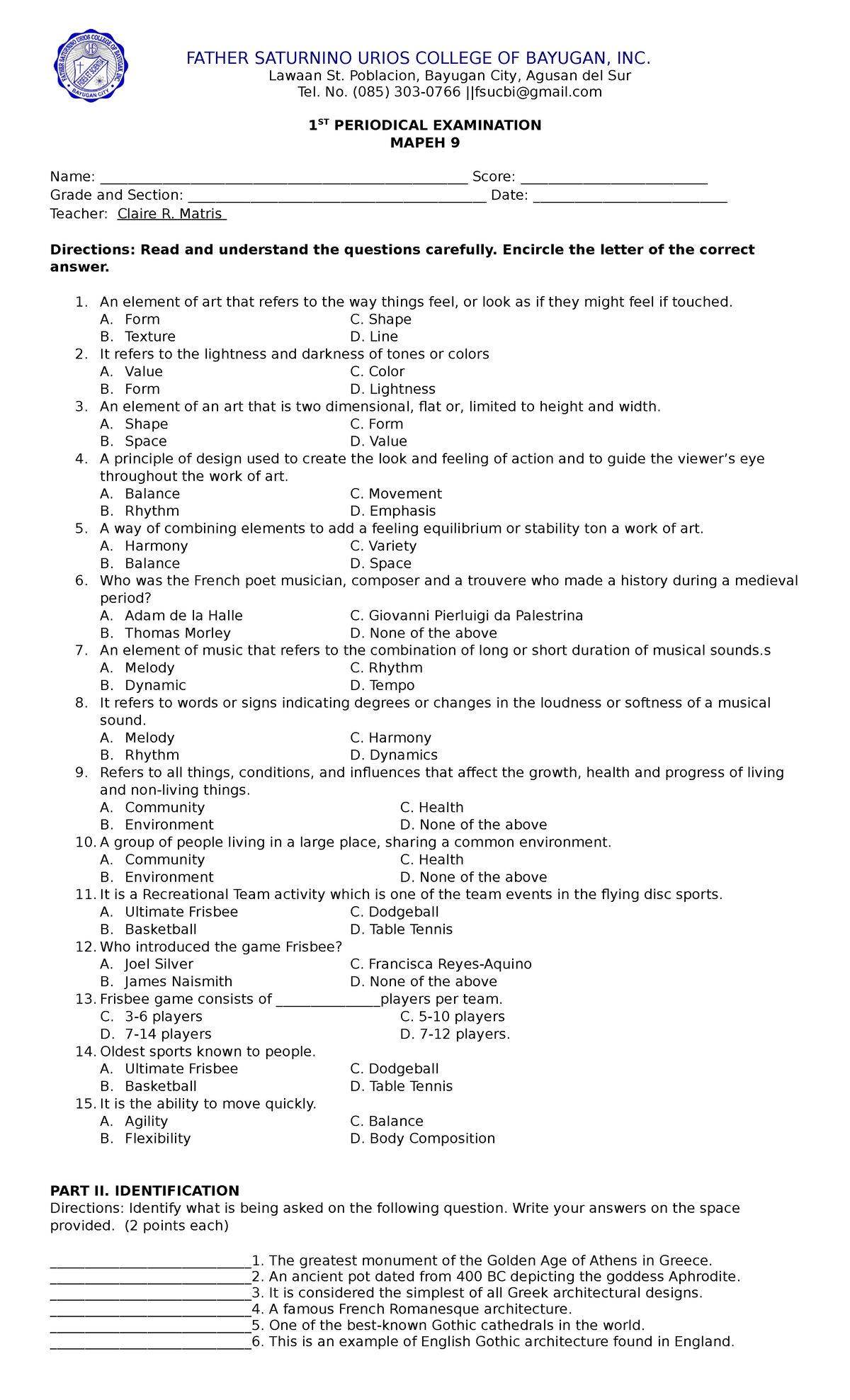 1ST Mapeh 9 Periodical Examination - Field Study 2 - Studocu