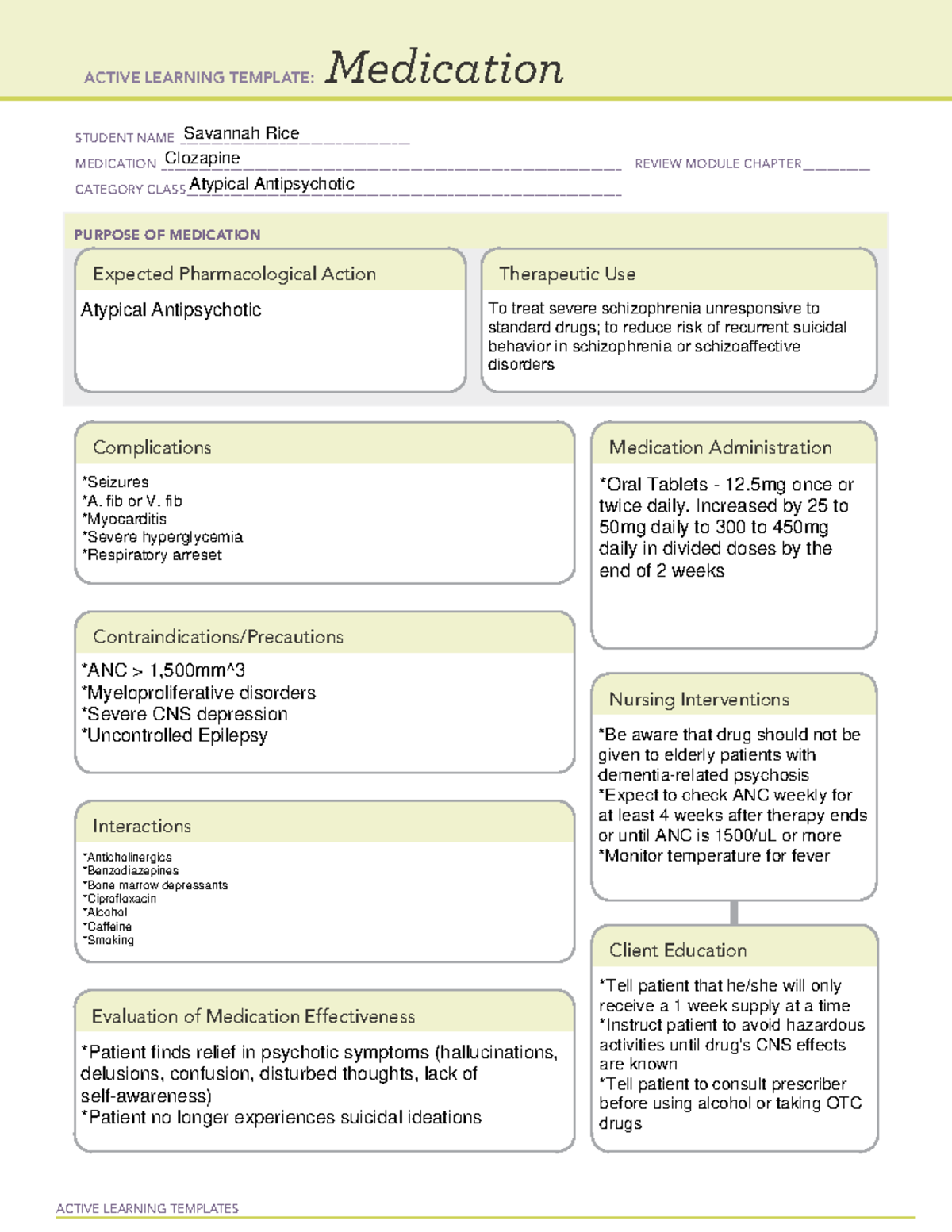 Clozapine Med Template - NURS 411 - USC - Studocu