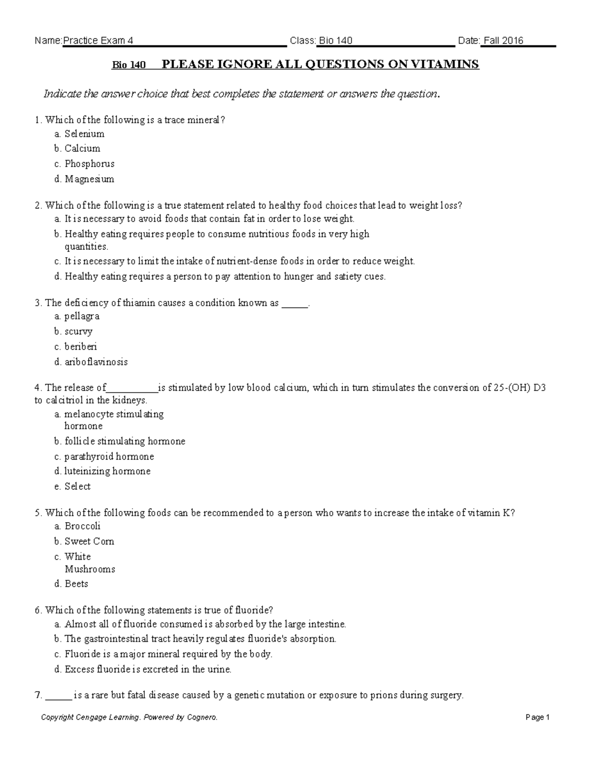 Bio 140 Final Sample Test - Bio 140 PLEASE IGNORE ALL QUESTIONS ON ...