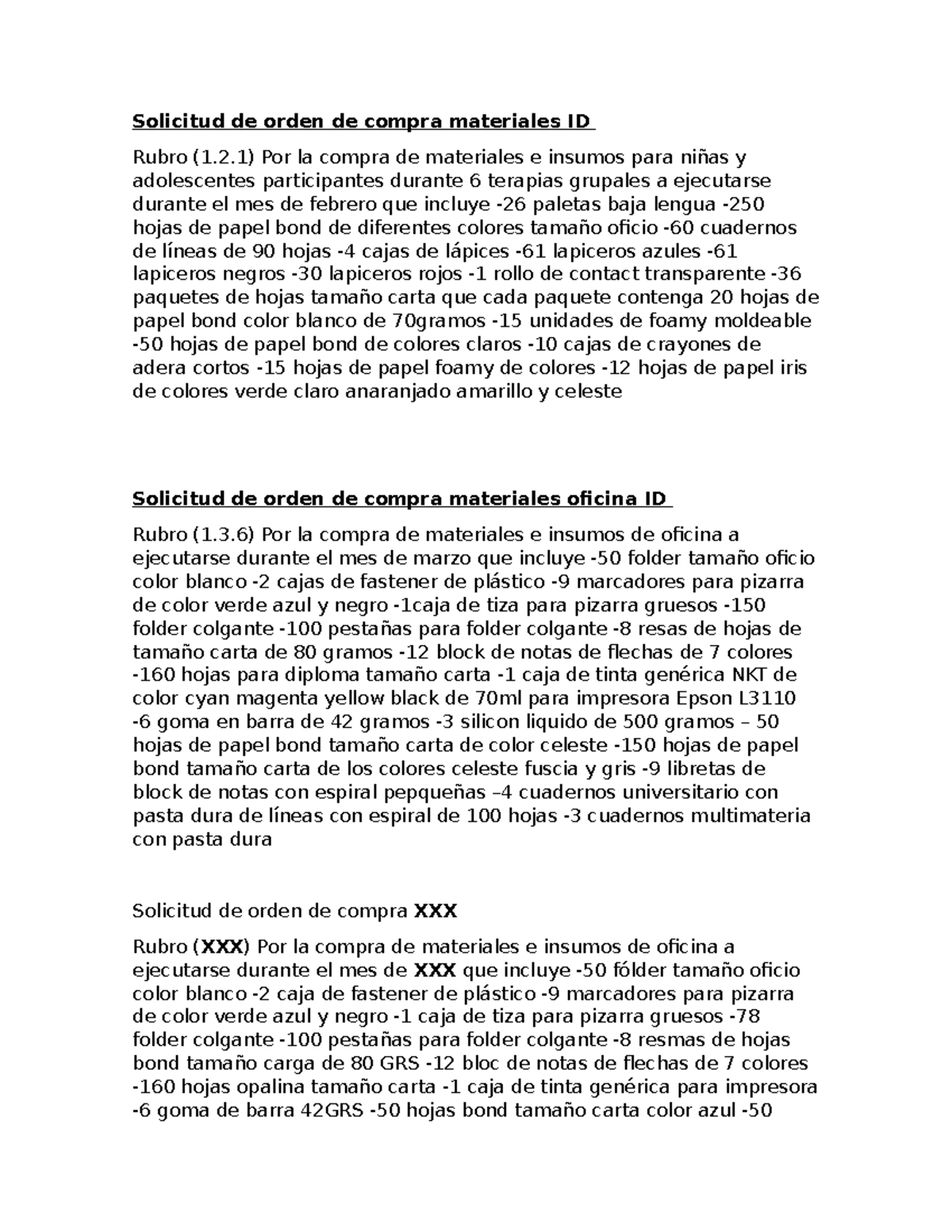 Solicitud de orden de compra materiales terapia grupal y oficina ...