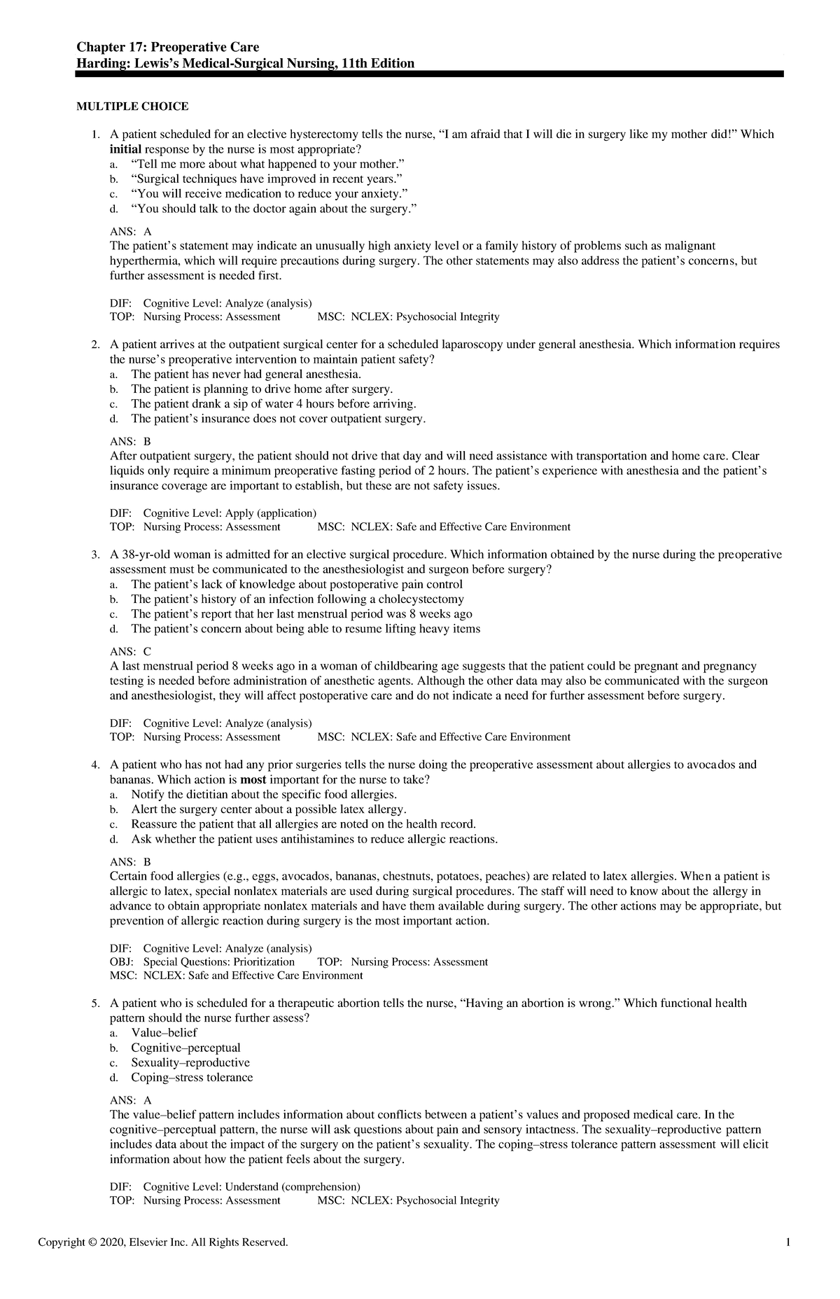 Exam View - CH0017 Harding 11e TB - Chapter 17: Preoperative Care ...
