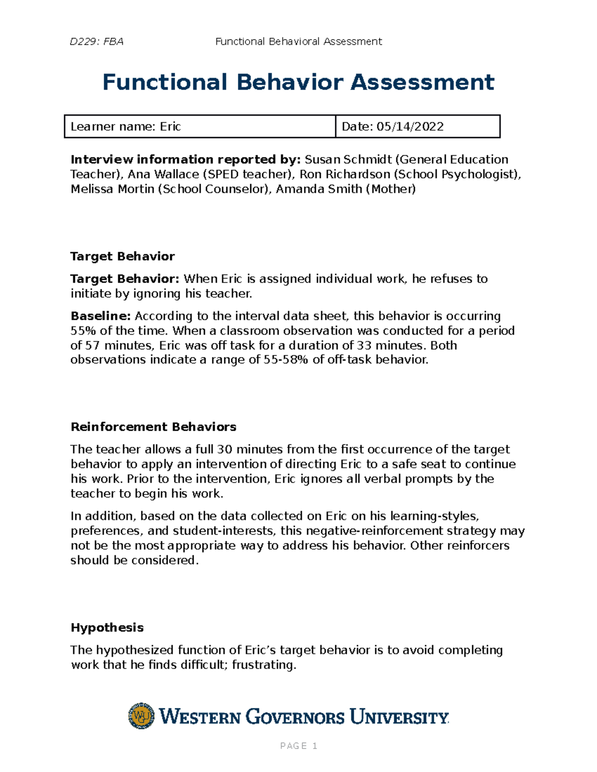 Johnson FBA - Task 1 performance assessment for BIP/ FBA - D229: FBA ...