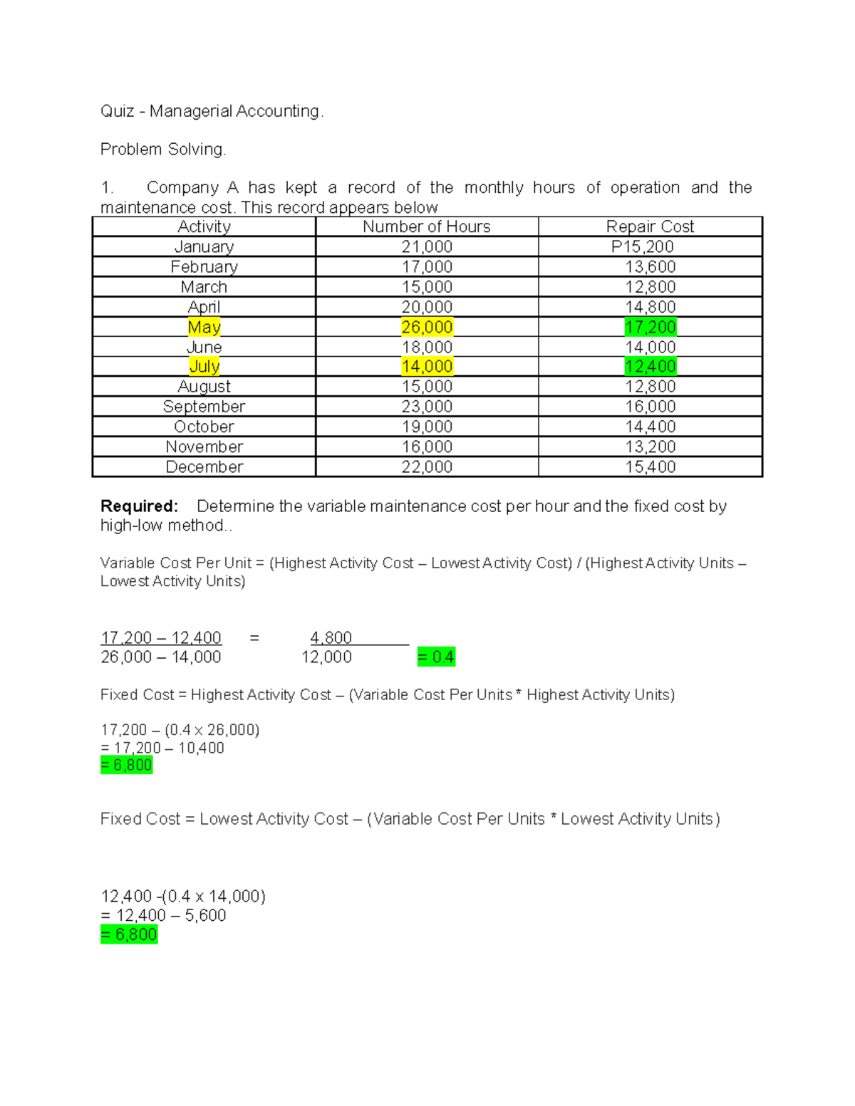 MAcctg.MTP Quiz Required Determine the variable maintenance cost