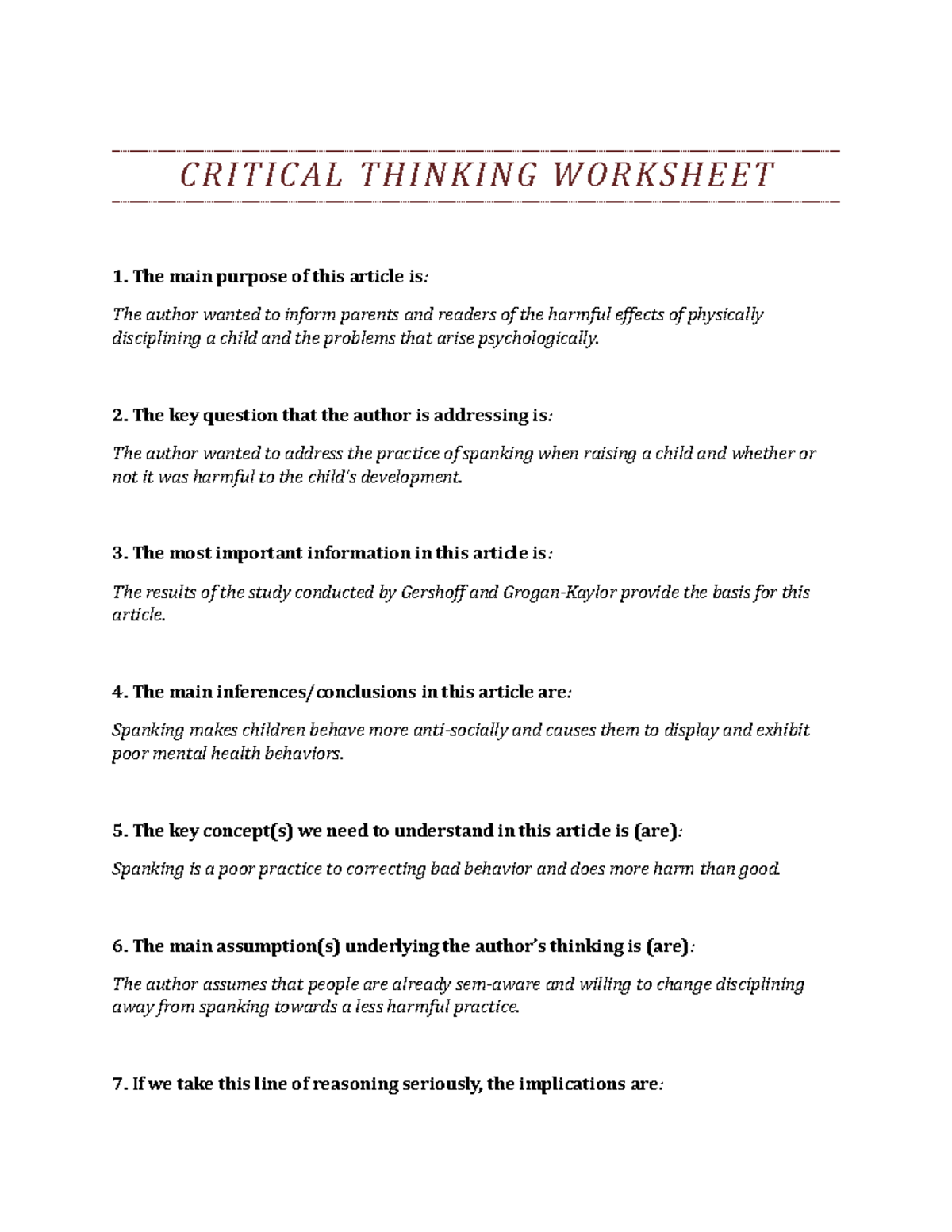 critical thinking brain exercise ap psychology worksheet