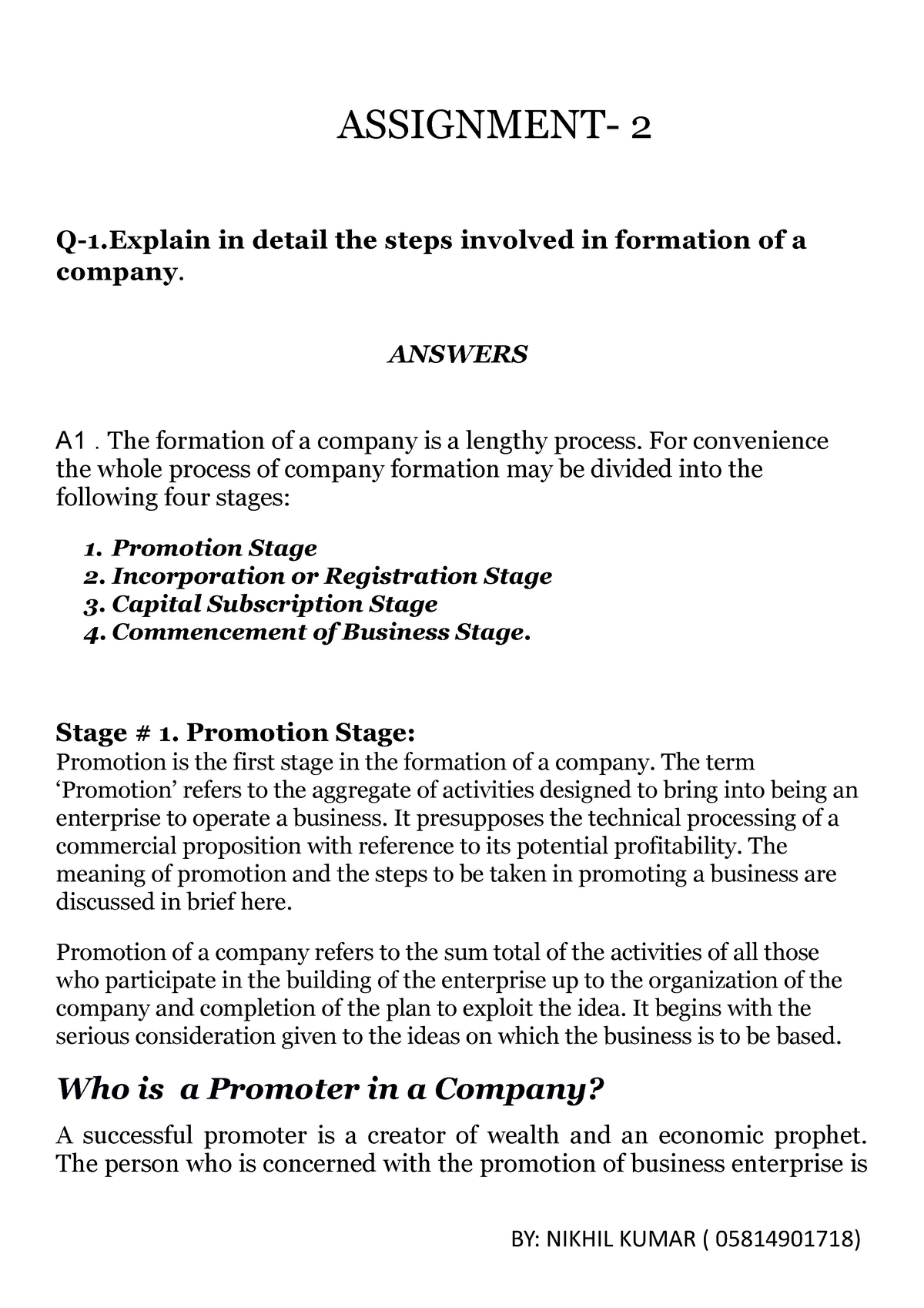 formation of company assignment