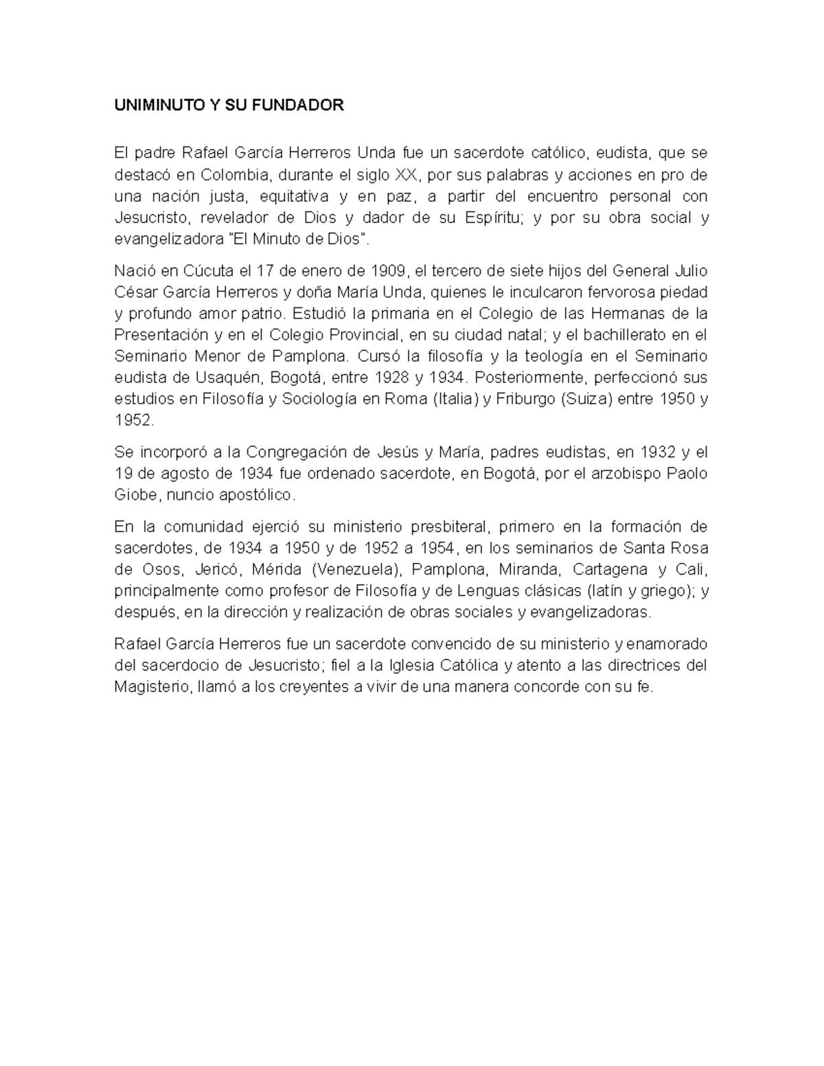 Uniminuto Y SU Fundador - UNIMINUTO Y SU FUNDADOR El padre Rafael ...