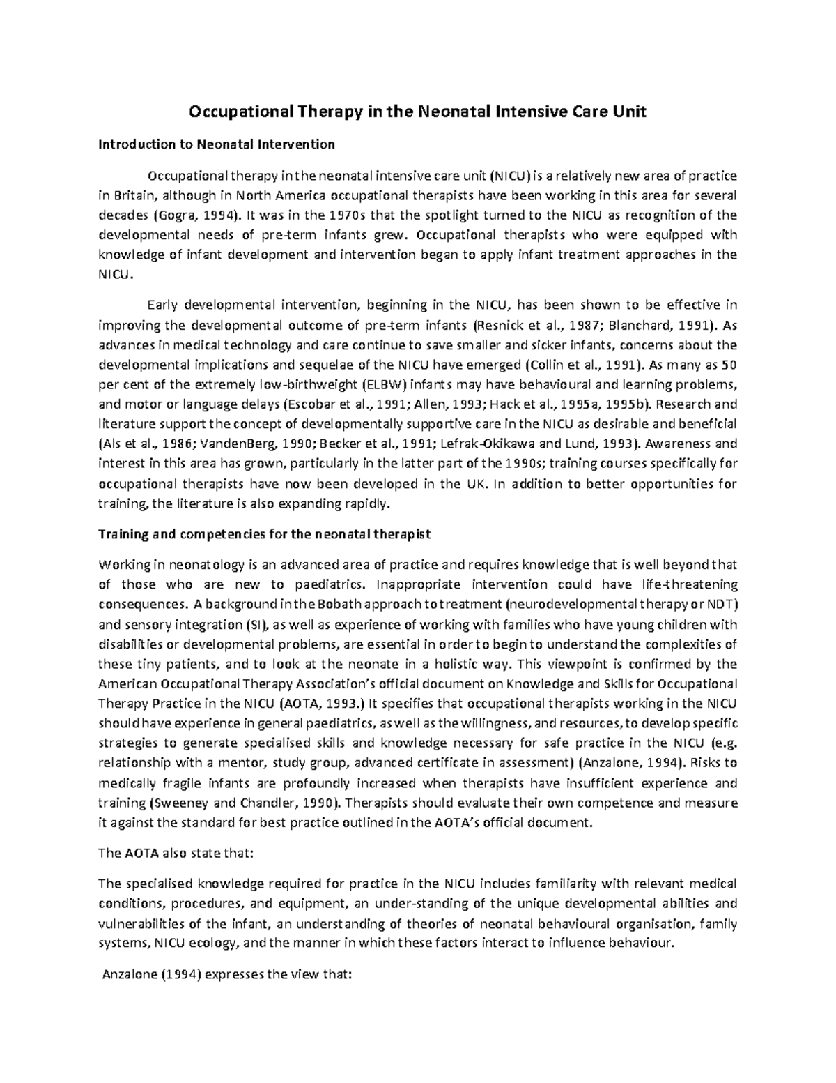 Occupational Therapy in the Neonatal Intensive Care Unit - Occupational ...