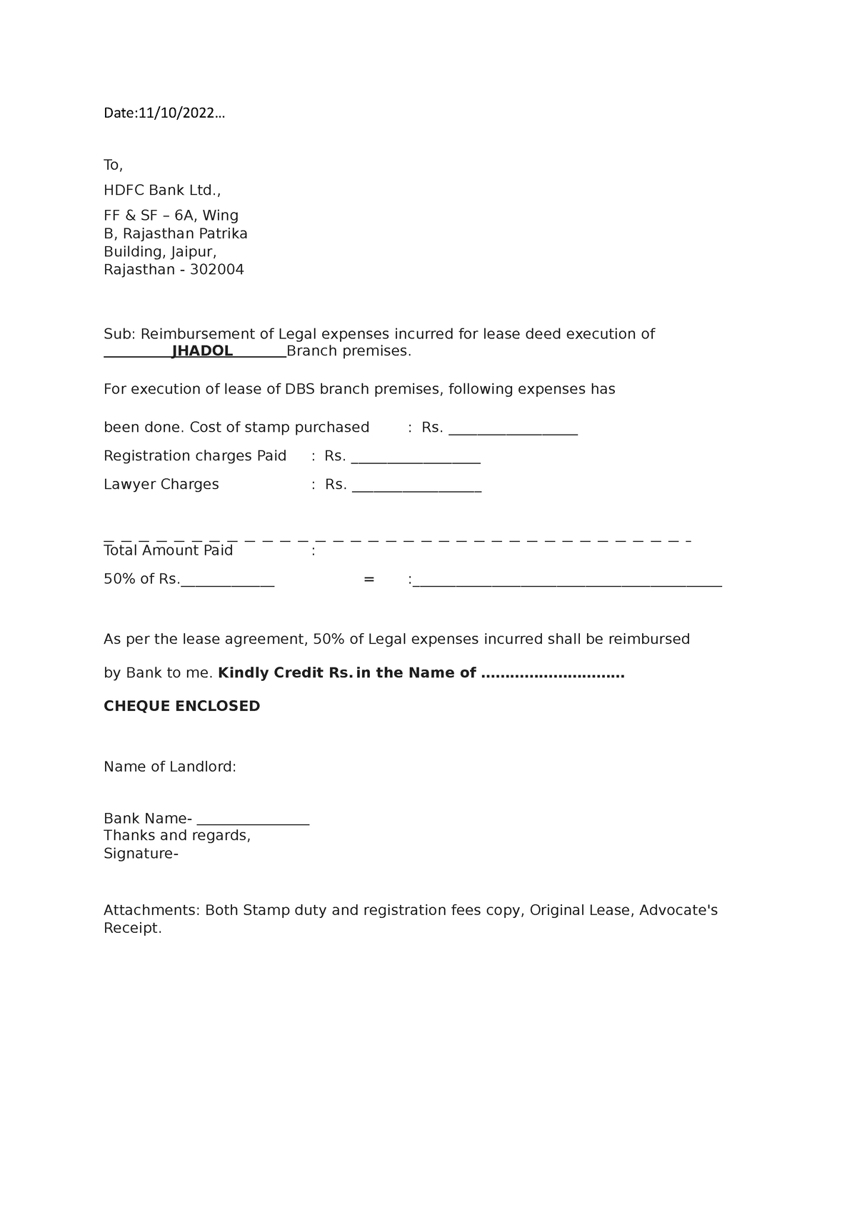 Reimbursement letter for stamp duty and registration - Date:11/10/2022 ...