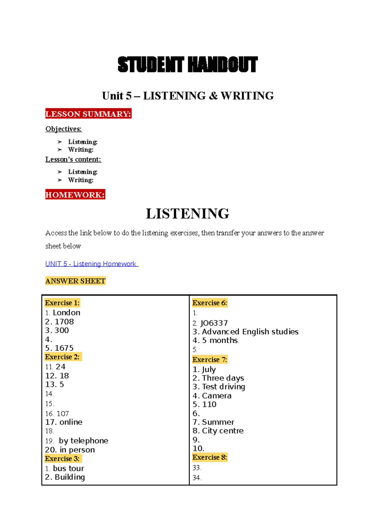 Unit 5-L+W Handout - Tiếng Anh Sơ Cấp - STUDENT HANDOUT Unit 5 ...