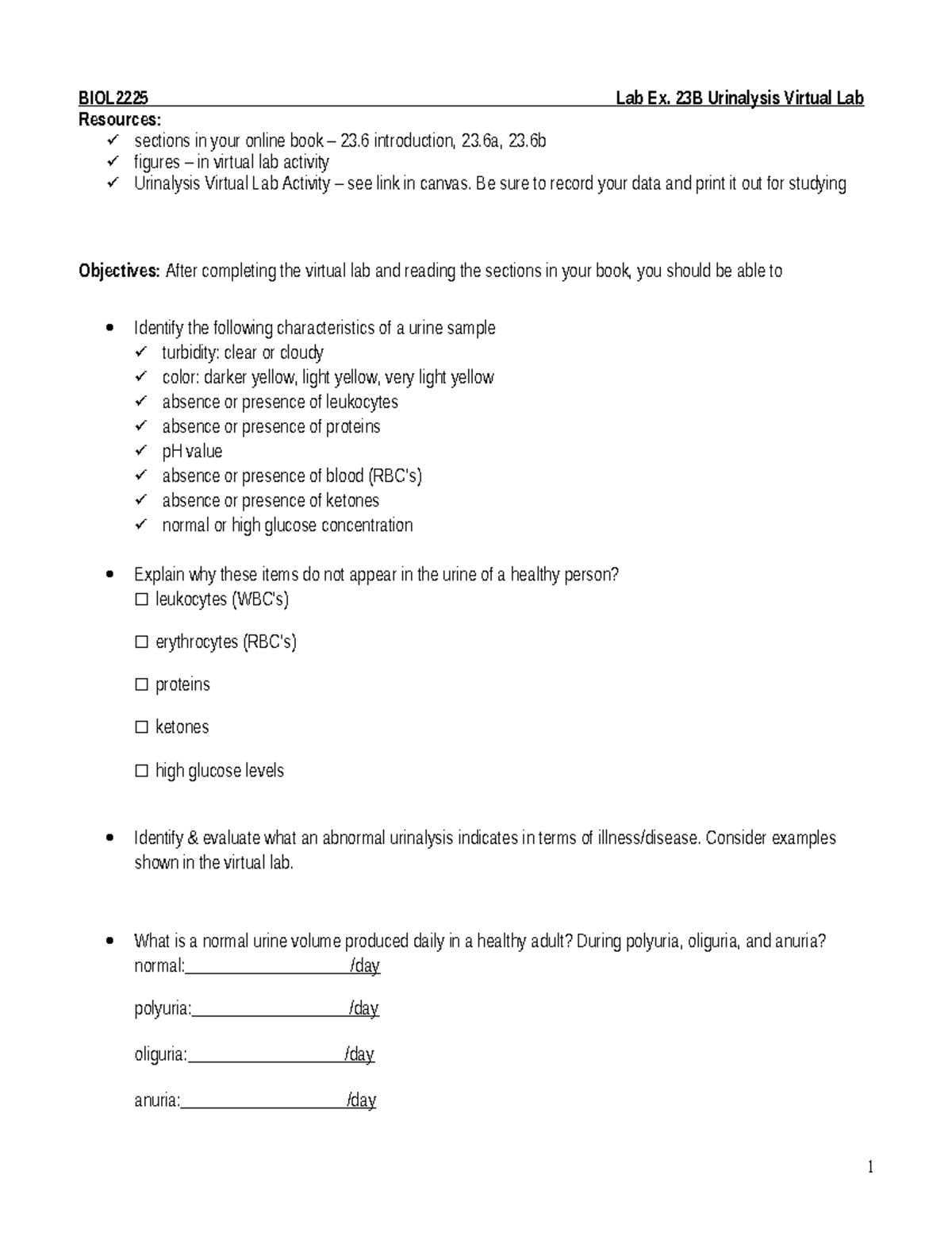 Lab 23B Urinalysis (instructions) BIOL2225 Lab Ex. 23B Urinalysis