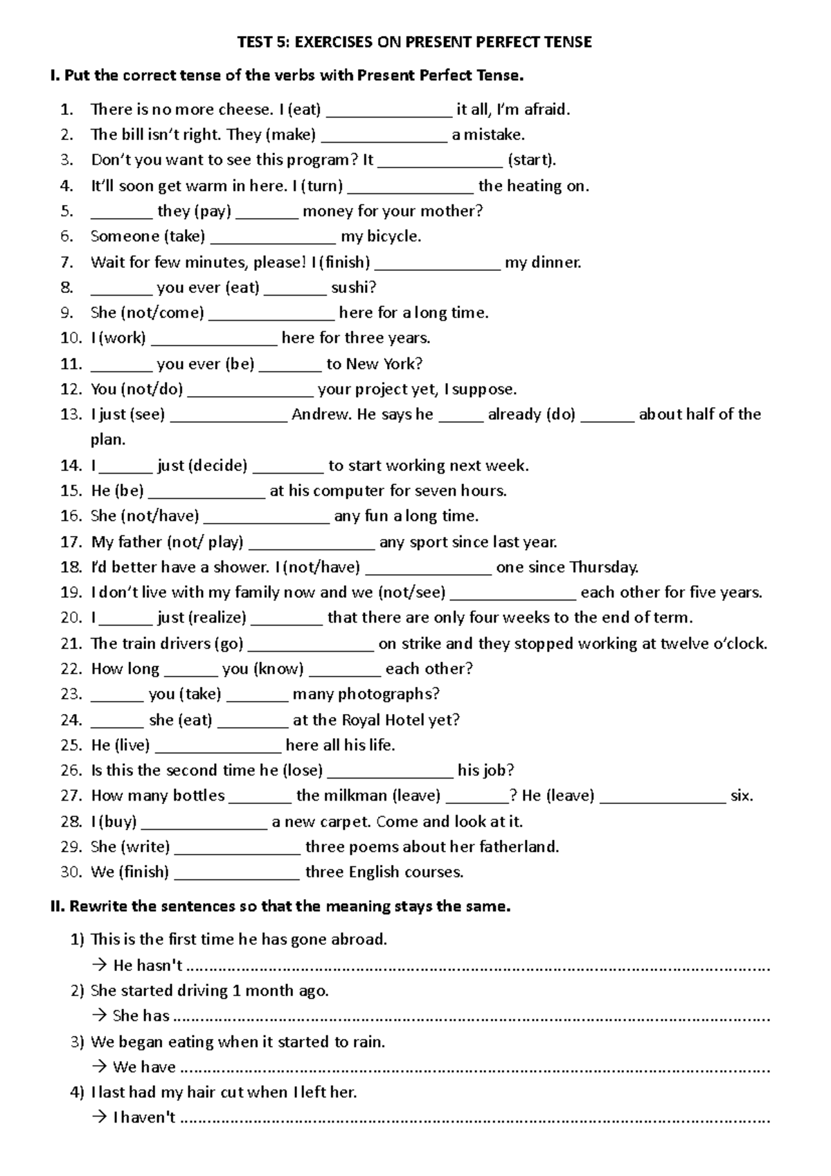 Test 5 - HTHT - HTHT - TEST 5: EXERCISES ON PRESENT PERFECT TENSE I ...