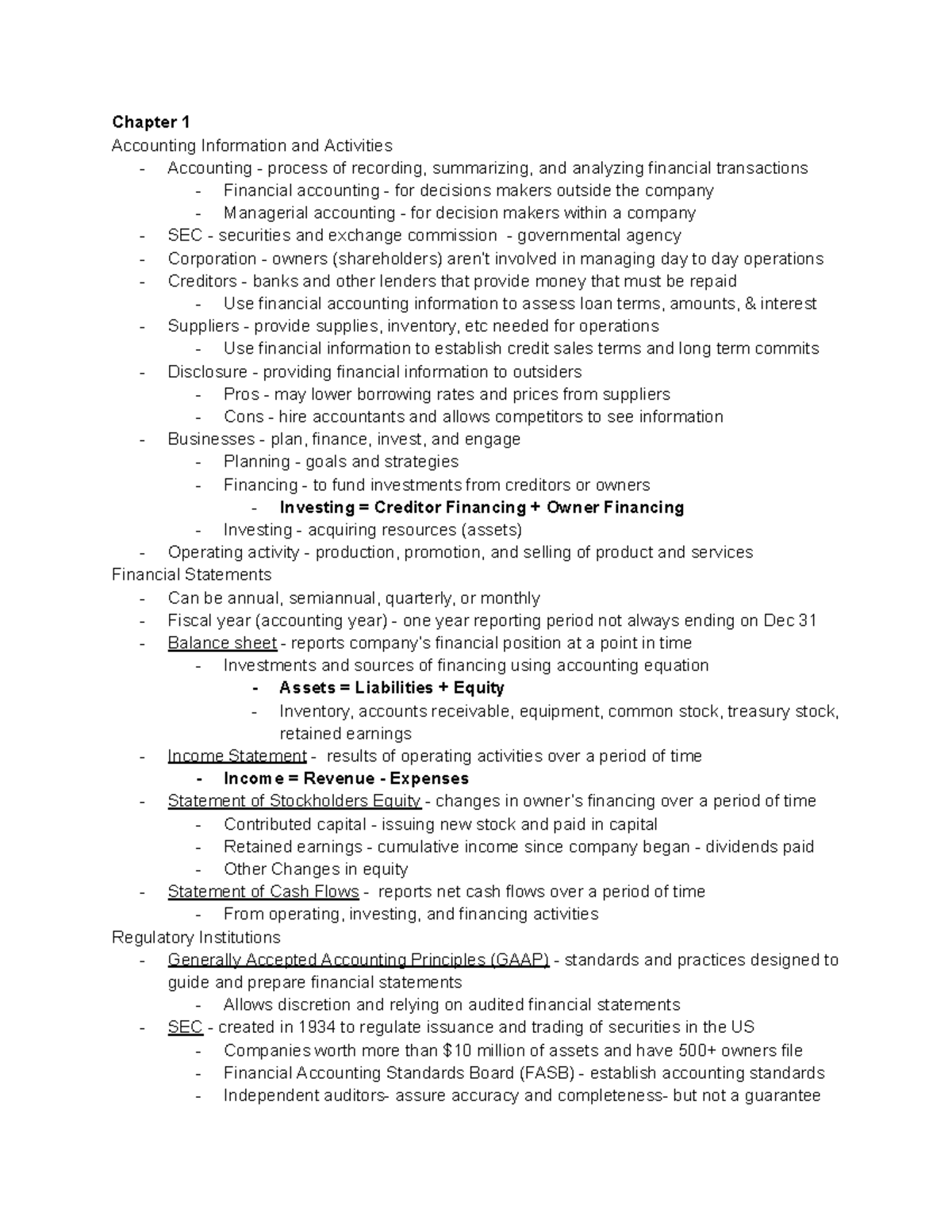 ACCY 200 Notes CH 1 - Chapter 1 Accounting Information and Activities ...