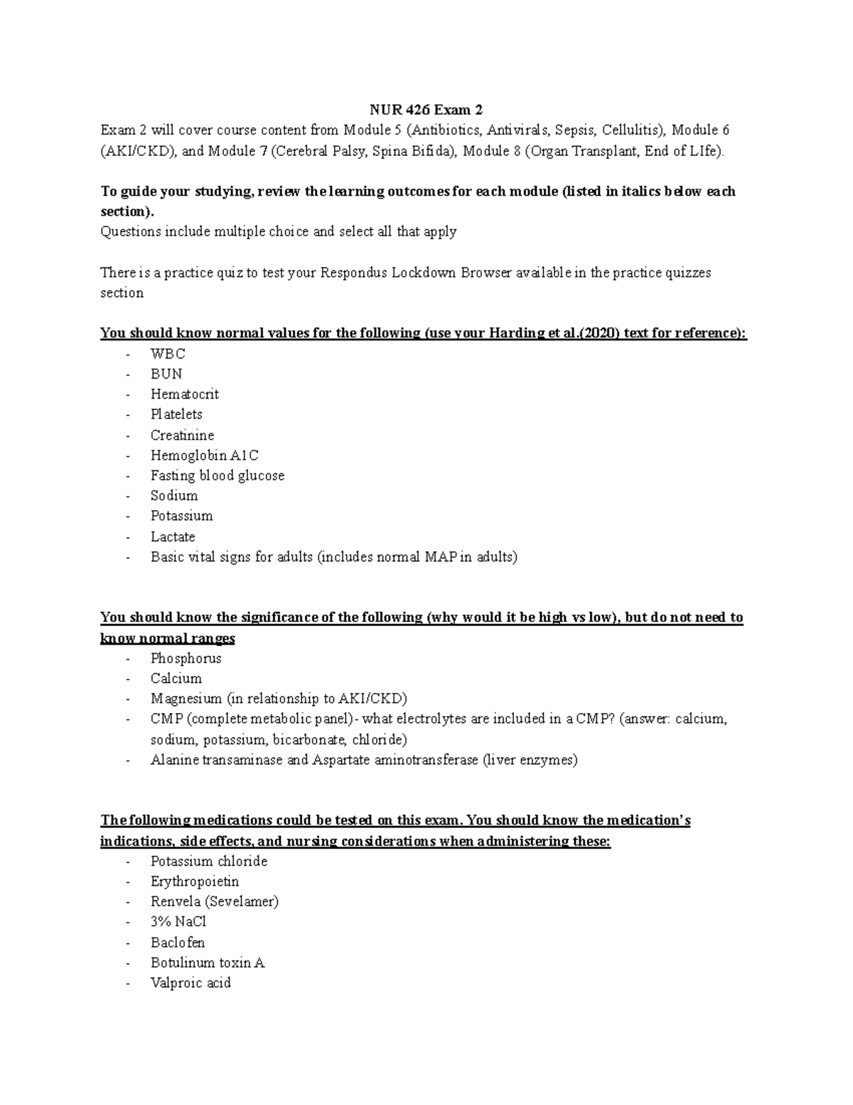 Exam 2 Blueprint - NUR 426 Exam 2 Exam 2 will cover course content from ...