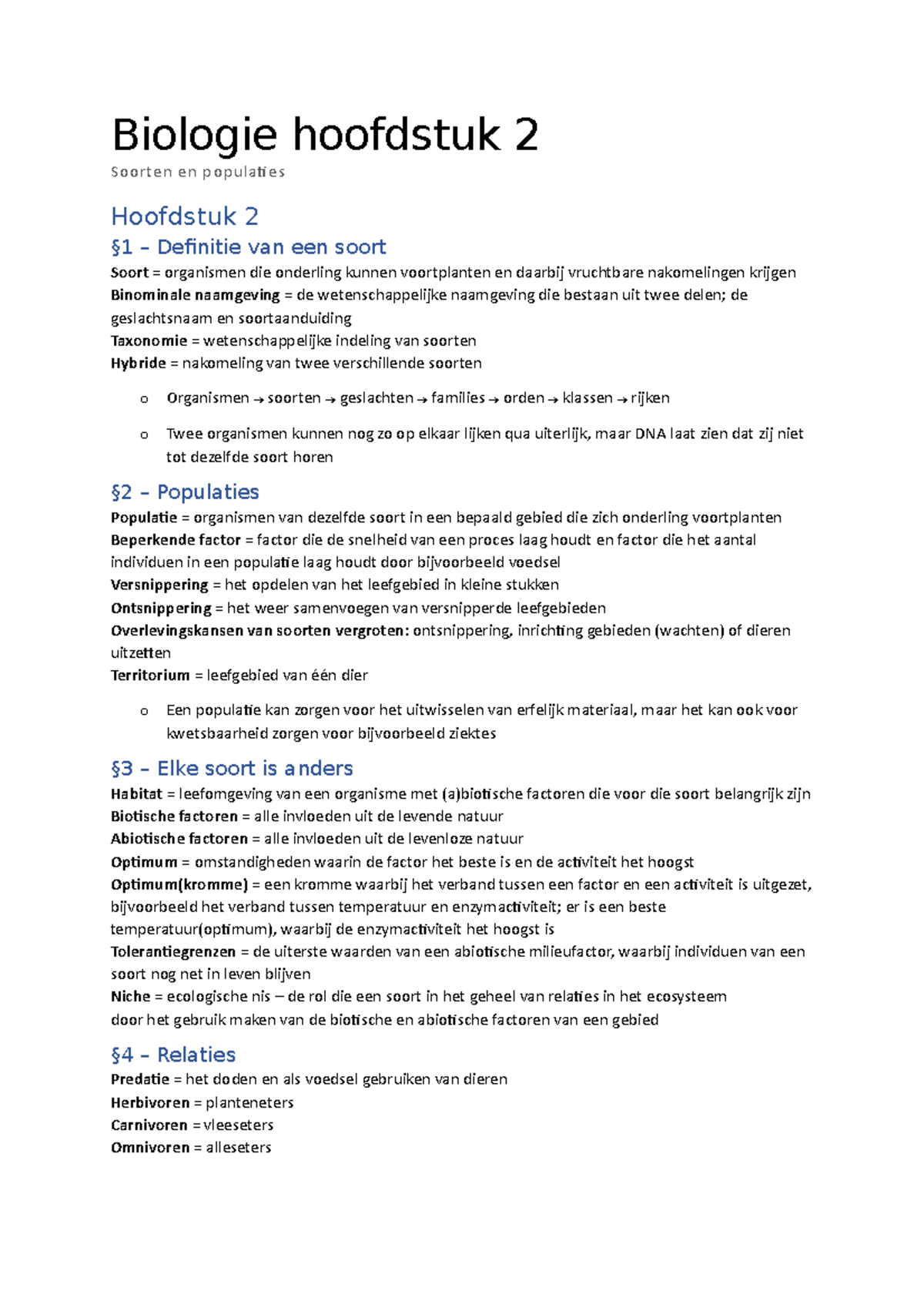 Biologie Hoofdstuk 2 - Soorten En Populaties - Biologie Hoofdstuk 2 ...